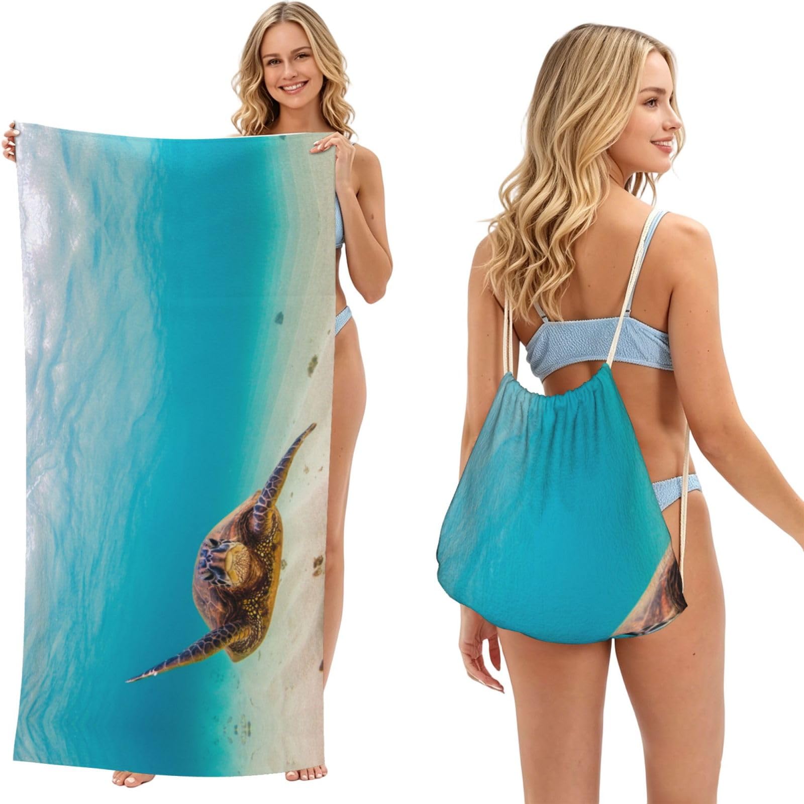 ESNAIUVCD Underwater Diving Sea Turtle Print Beach Towel For Adults,Towel With Drawstring Bag, Travel Pool Swimming Sports Shower Sand Free Quick