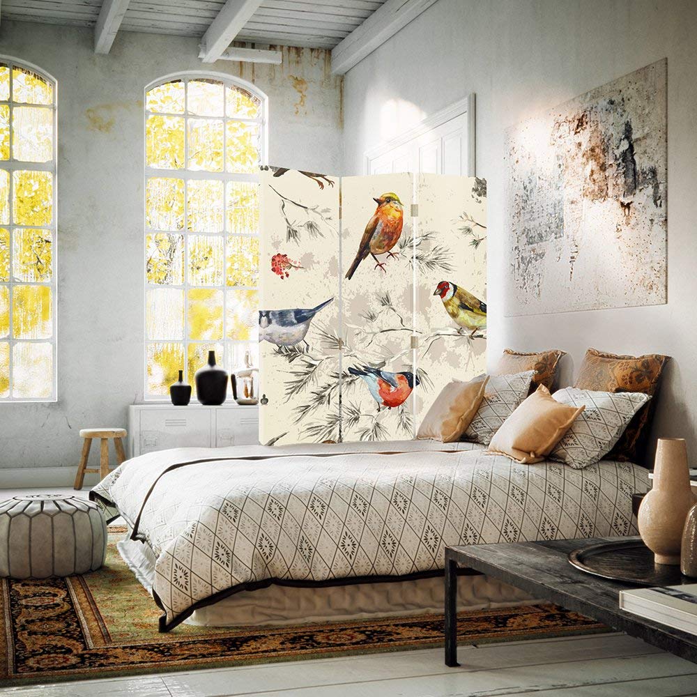 Feeby Paravent Oiseaux Branches 3 Panneaux 110x150 cm Une Seule Côté Cloison de séparation Écran Pliant Interieur Décoratif Mur Espagnol Impression sur Toile Chambre d'enfant Salon Bureau Beige