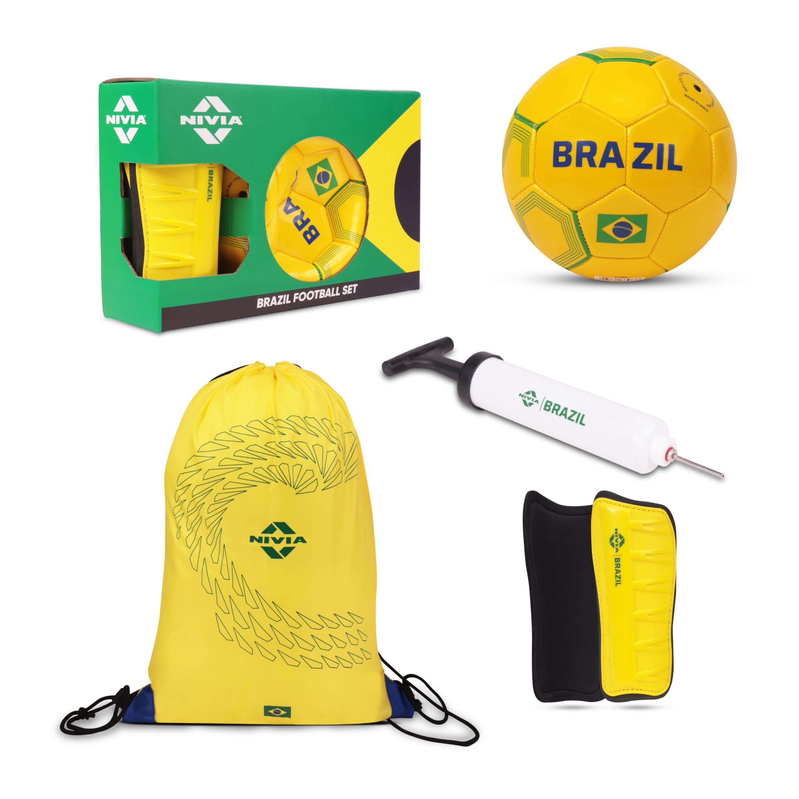 Nivia Football Combo Pack of 4, 1 PVC Football, 1 Pair Shin Guard, 1 Ball Pump, 1 Carry Bag, for Kids & Adults, Size-3 (Brazil)