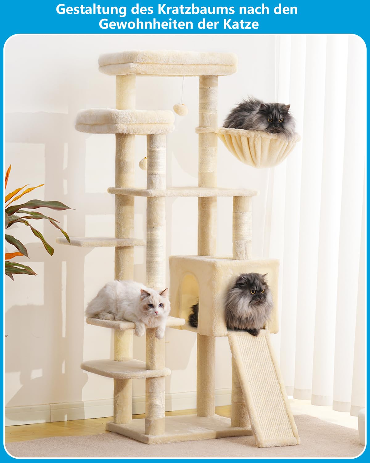 Hey-brother Kratzbaum, Stabil 159 cm Katzenbaum mit 2 Große Plattform, Großer Kratzbrett, Korb und Haus, Beige EMPJ029M