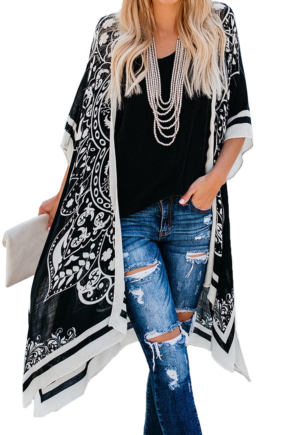 S-kini Kimono para mujer de verano, vestido de playa, largo, gasa, poncho de playa, pareo, boho