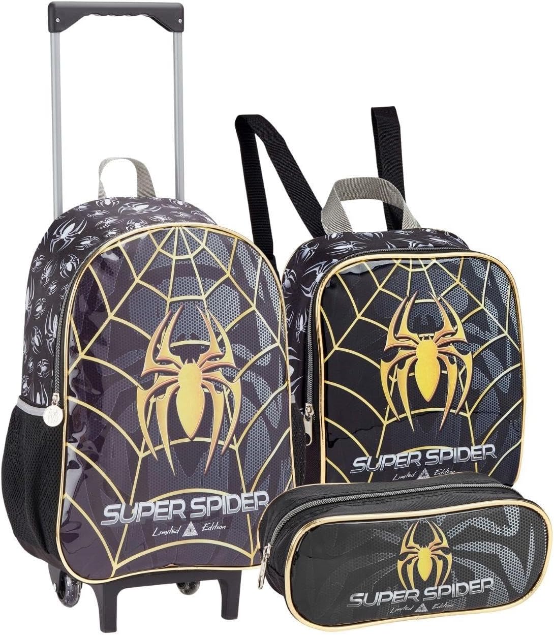 Kit Escolar Herói Infantil com Mochila de Rodinhas, Lancheira Térmica e Estojo, Design Personagem, 3 Peças, Material Reforçado (Kit Escolar Super Spider)