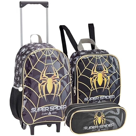 Kit Escolar Herói Infantil com Mochila de Rodinhas, Lancheira Térmica e Estojo, Design Personagem, 3 Peças, Material Reforçado (Kit Escolar Super Spider)