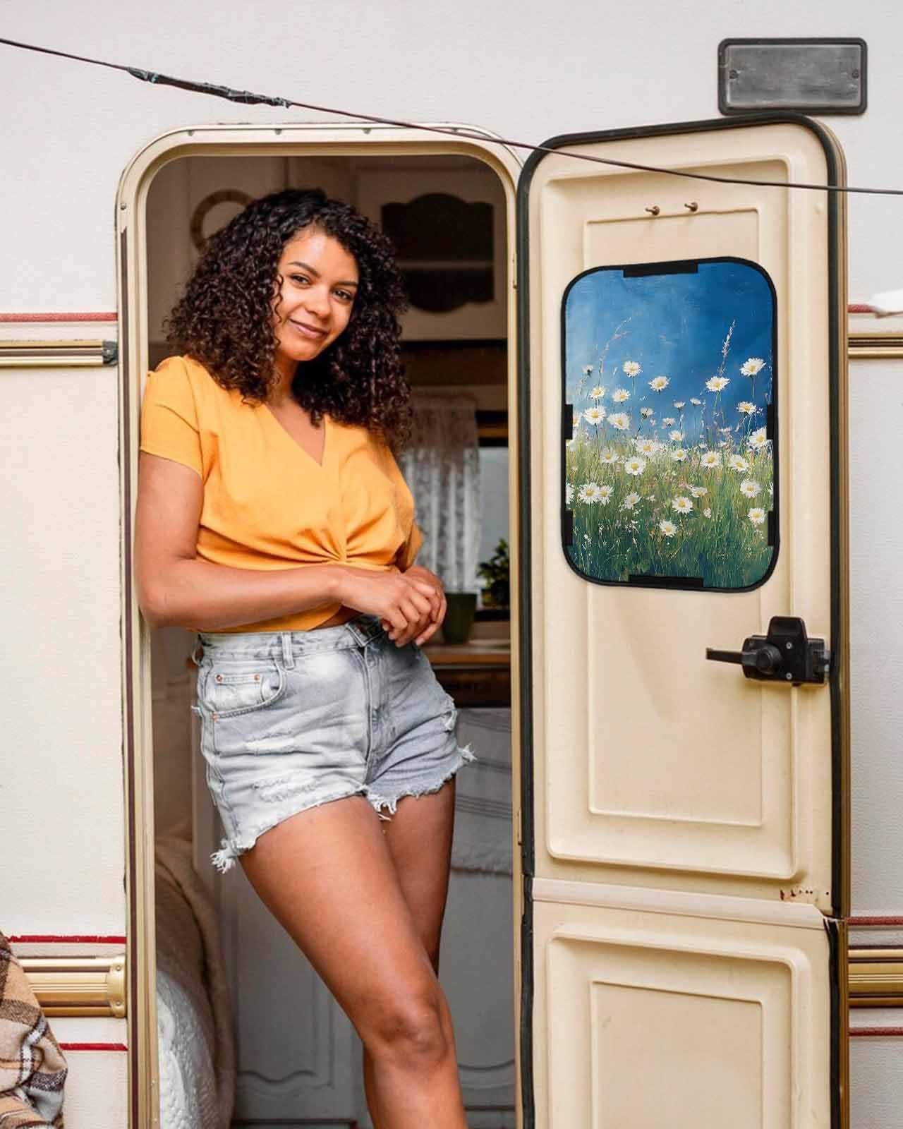 LEOKOTI RV Door Window Shade, Spring Floral Blackout RV Window Shades Foldable, Modern Oil Painting Pastoral Flower Green White Privacy Insulation Car Covers 16