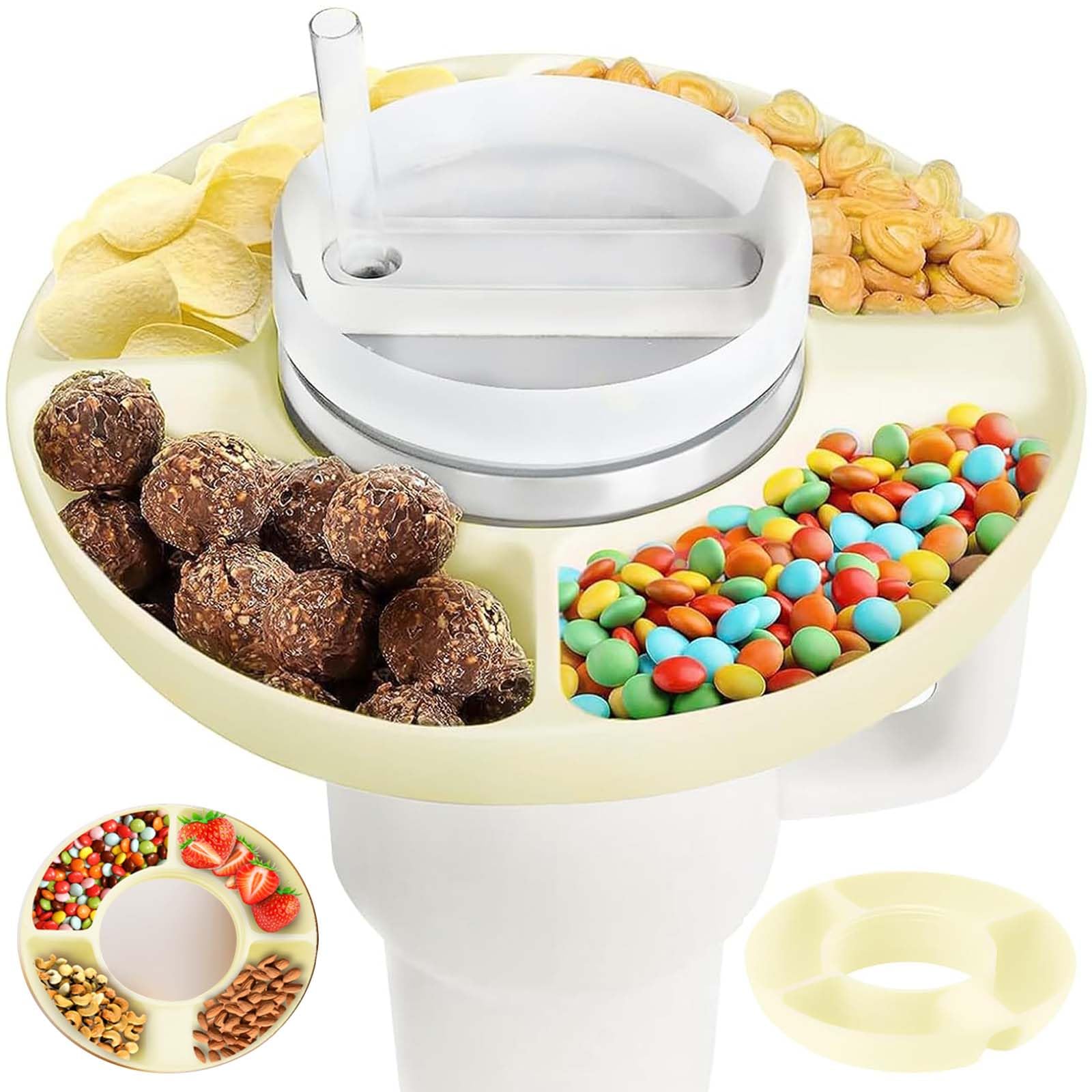 Snack Bowl for Stanley Cup 40 oz Tumbler with Handle Silicone Snack Tray Reusable Snack Ring, 4 Compartment Snack Platters for Stanley Cup Accessories (light cream yellow)