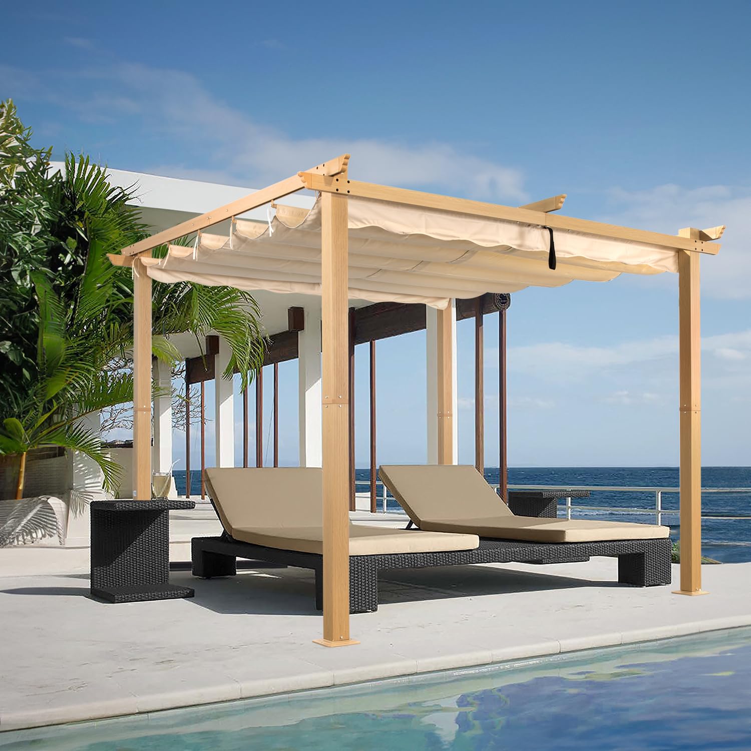 Angel Living 3 x 3 m Pergola en Aluminium, Coulissant rétractable, Tissu en Polyester de Haute densité, Hydrofuge et résistant aux Rayons UV, abri de Jardin pour Jardin, terrasse Beige