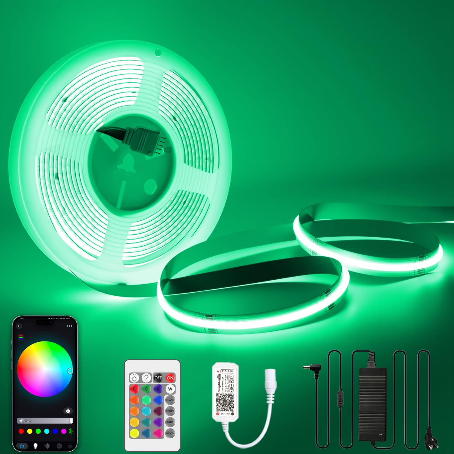 Striscia LED COB 24V 10M RGBW dimmerabile con telecomando e alimentatore Striscia LED COB RGB+bianco caldo 3000K, alta densità 784LED/M, controllabile tramite app, compatibile con Alexa Google Home