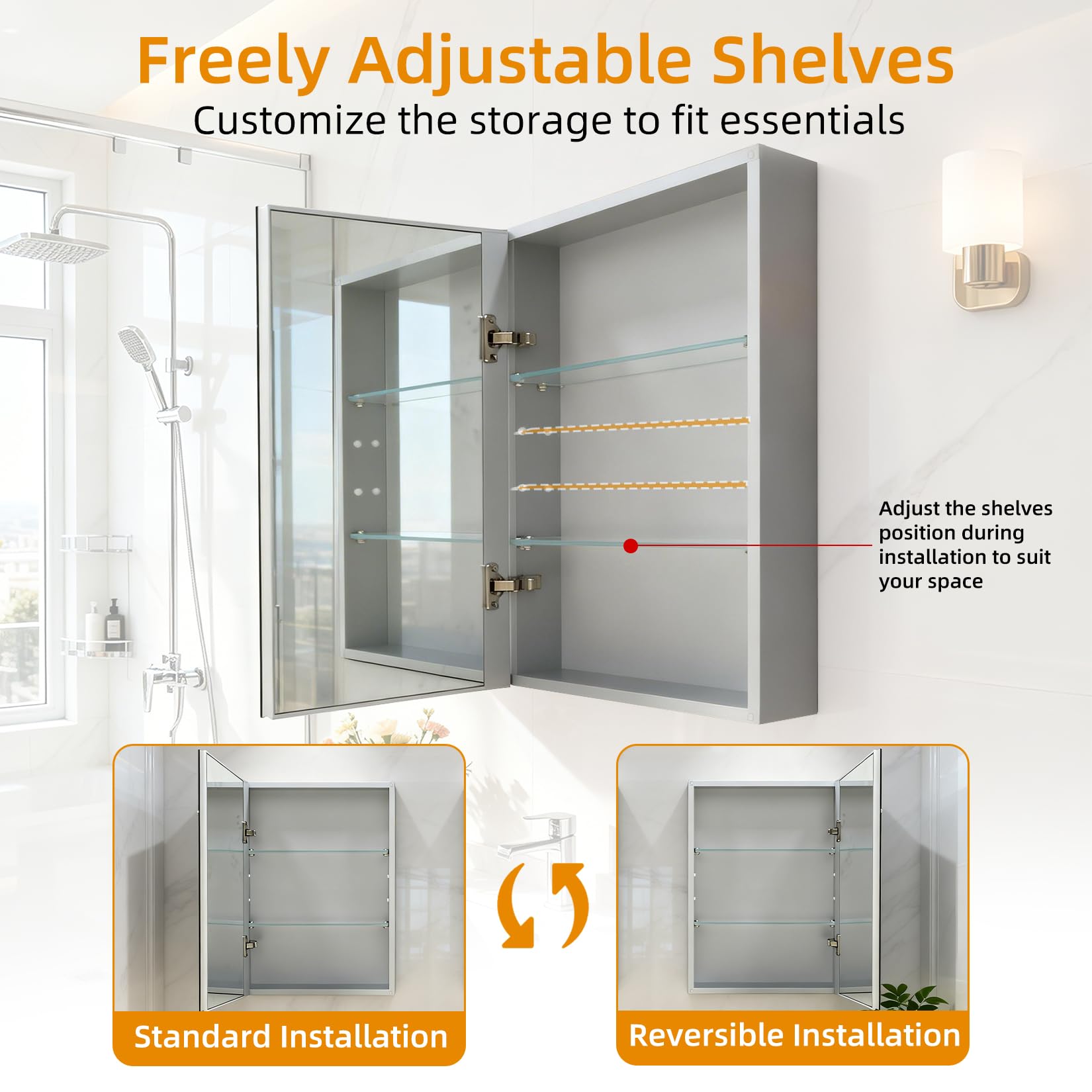 Botiquín de baño de 50 x 66 cm con espejo, marco de aluminio, ligero, resistente y atractivo, adecuado para empotrar o montar en la pared, estantes ajustables, vidrio templado, requiere