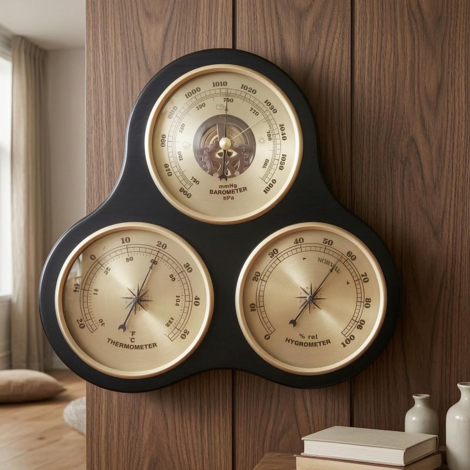 Estación Meteorológica Medidor Higrómetro Placa Decorativa de Pared con Instrumentos Analógicos Bisel Circular Dorado, Termómetro Higrómetro Barómetro De Pared Con Diseño Calado