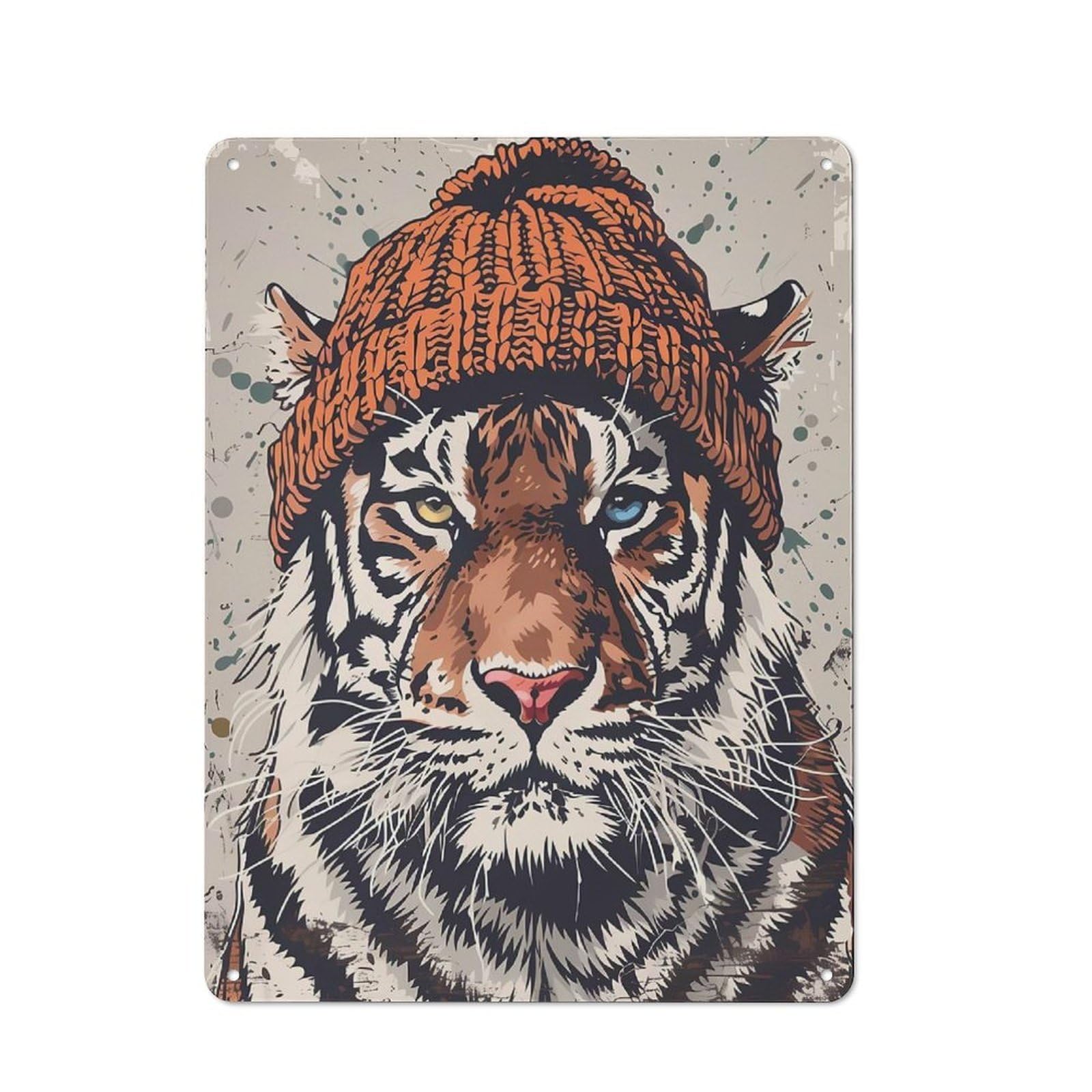 Junmoney Tiger In Beanie Tin Wall Plaque 40X30cm With For Hobby Room Or Studio, For Metal Sign Collectors, For Kitchen And Home Bar Decor