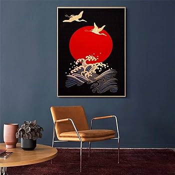 波と赤い太陽の日本画 木製フレーム付き 波と赤い太陽の日本画 木製フレーム付き 718NaTHPE1L._UF894