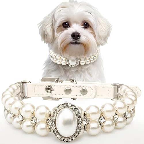 KUDES Collares de perlas grandes para perros pequeños y gatos con decoración de diamantes de imitación de cristal, ajustable, lindo collar de piel