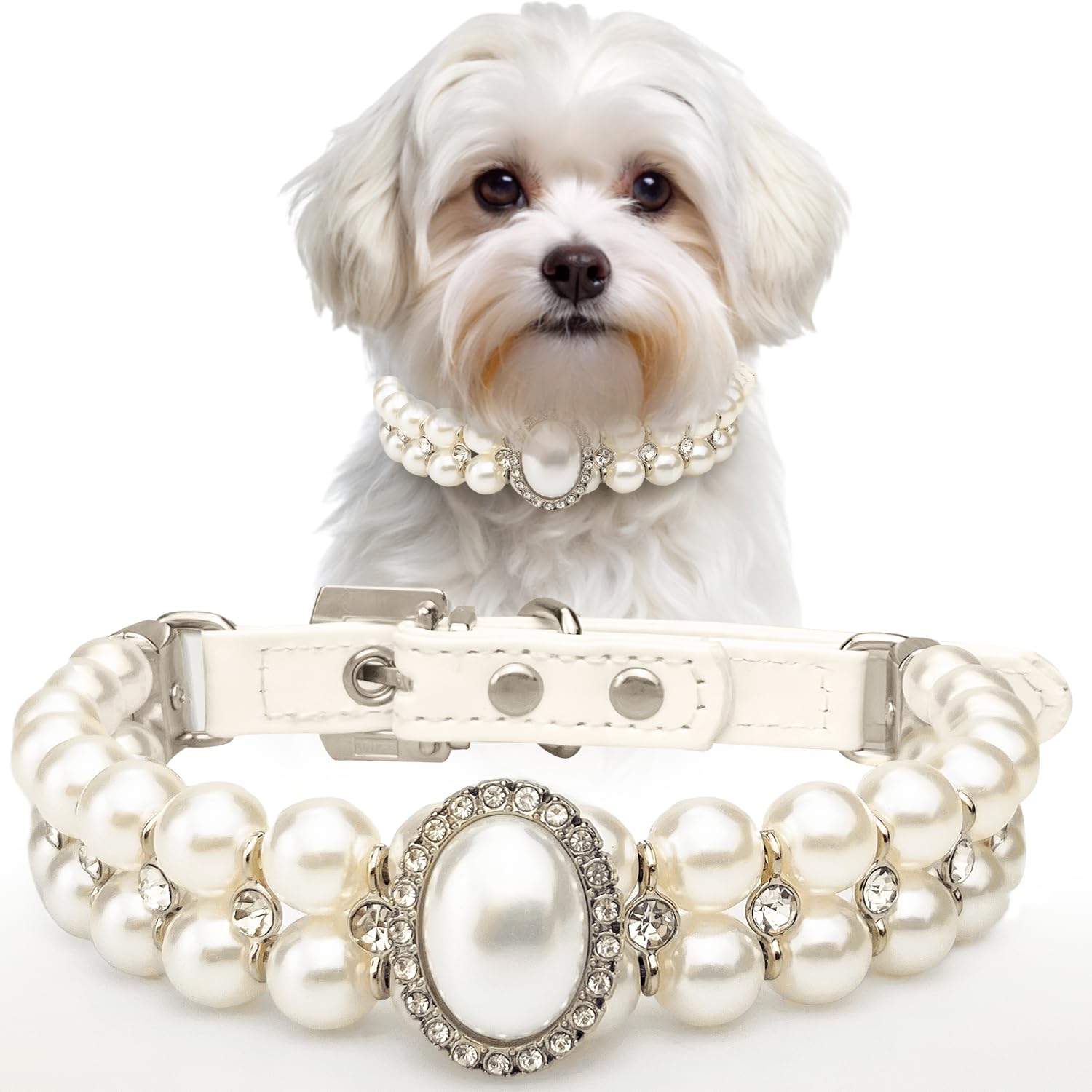 KUDES Small Dog Cat Big Pearl Collars with Crystal Rhinestone Diamond Décor, Adjustable Cute Fashion Pet PU Leather Necklace for Wedding Birthday