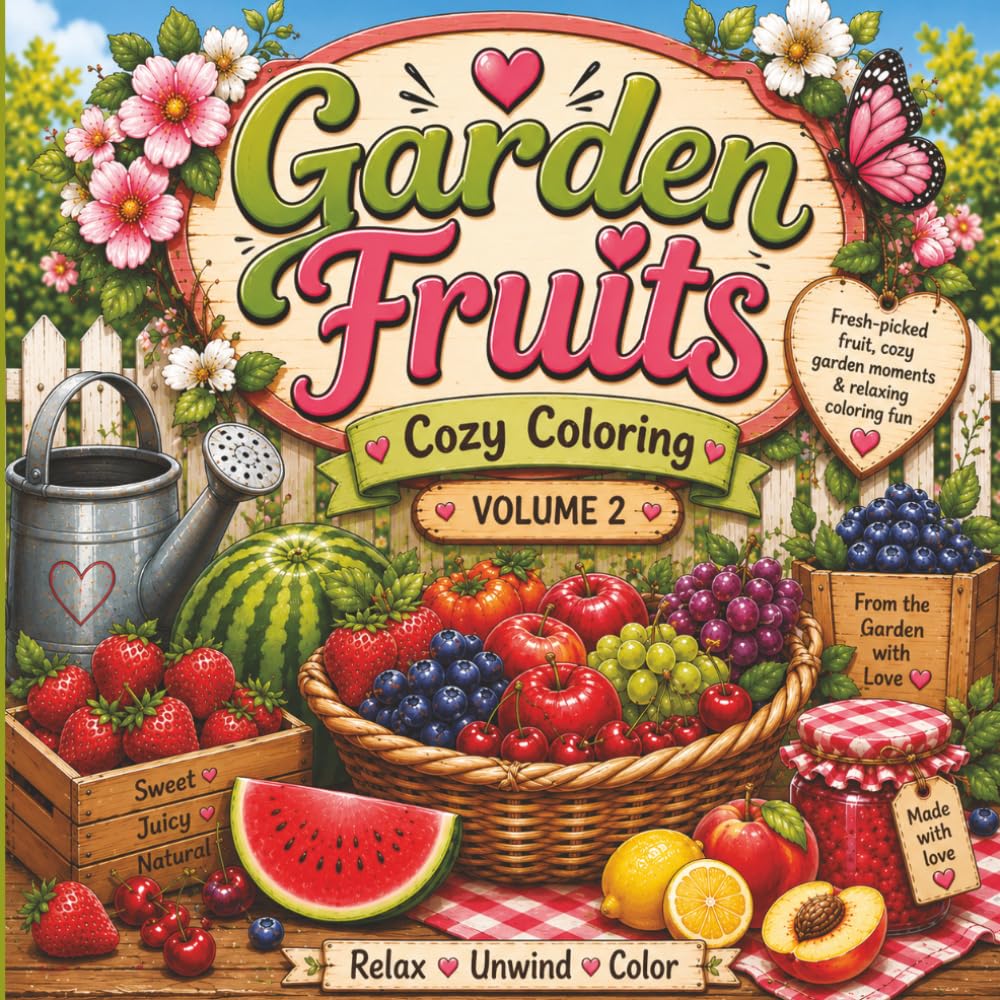 Garden Fruit Cozy Coloring Book: Relaxing Fruit Trees, Berry Gardens, Orchards, Greenhouses & Cozy Fruit-Themed Coloring Pages