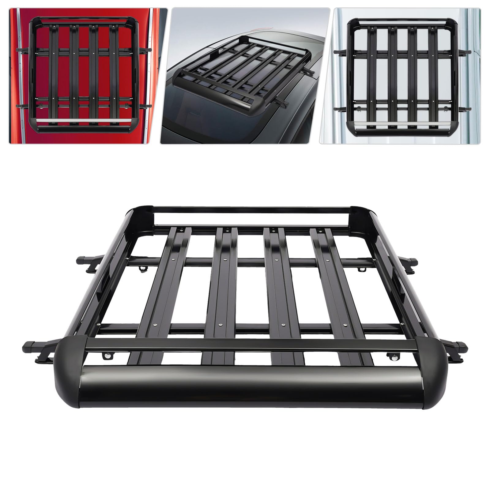 Cesta de techo universal de aluminio negro DHL, barras de techo universales de aluminio, capacidad de carga 68 kg, capacidad de carga para SUV, portaequipajes, 127 x 97 cm
