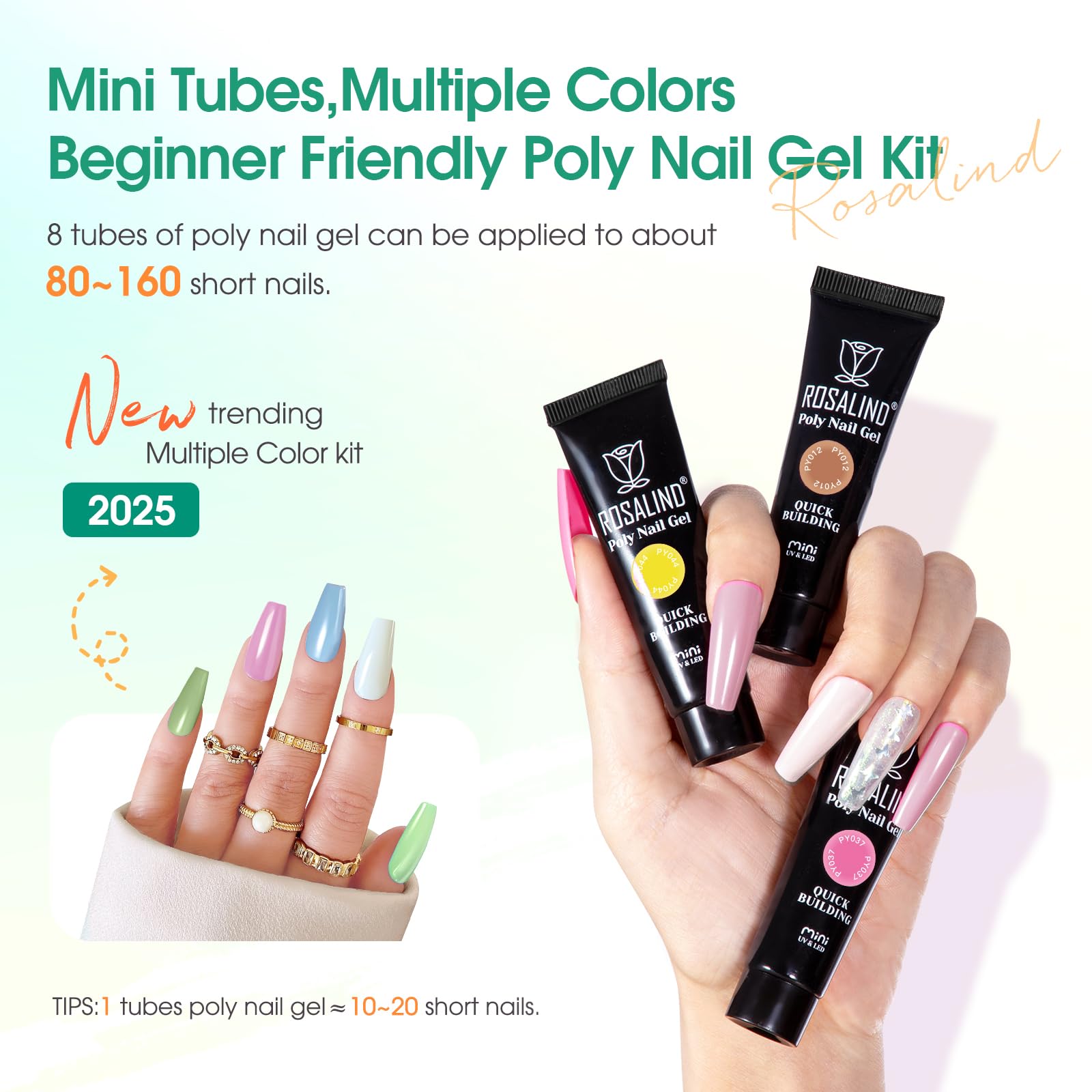 ROSALIND Kit UV Acrygel pour Ongle Complet, Poly Extension d'ongles en Gel 8 Couleurs 10 ml Avec Lampe UV, Base & Top Coat et Outils de Manucure, DIY Nail Art Ongles Gel Complet Kit pour Débutant