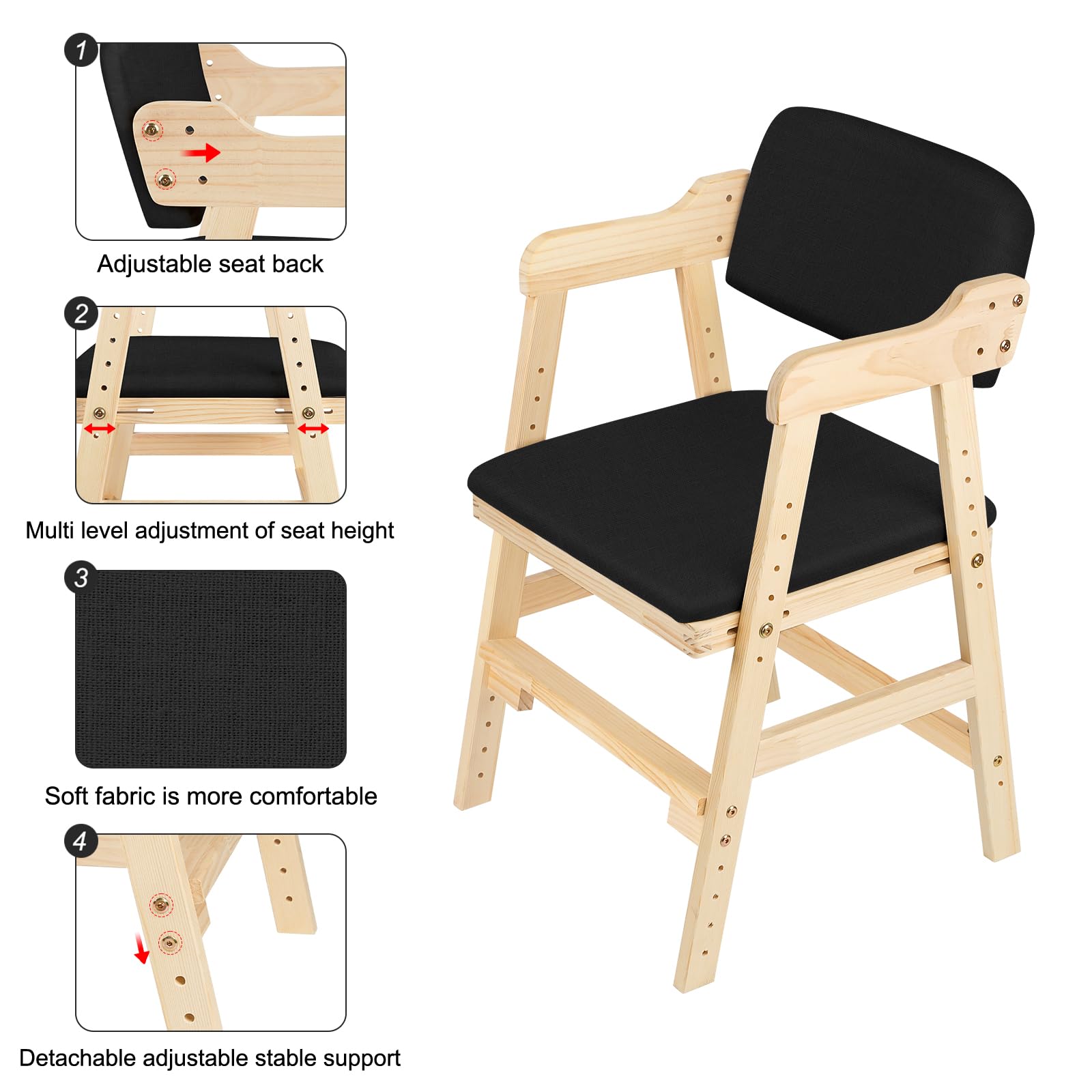 Chaise Haute Bébé-Barre de Sécurité,Chaise Haute en Bois, Hauteurs Réglables Stable Chaise Supporte 90KG pour Bébés, Avec Coussin d'Assise, Enfants et Adultes 48 x 46 x 78 cm – Noir (1 pièce)
