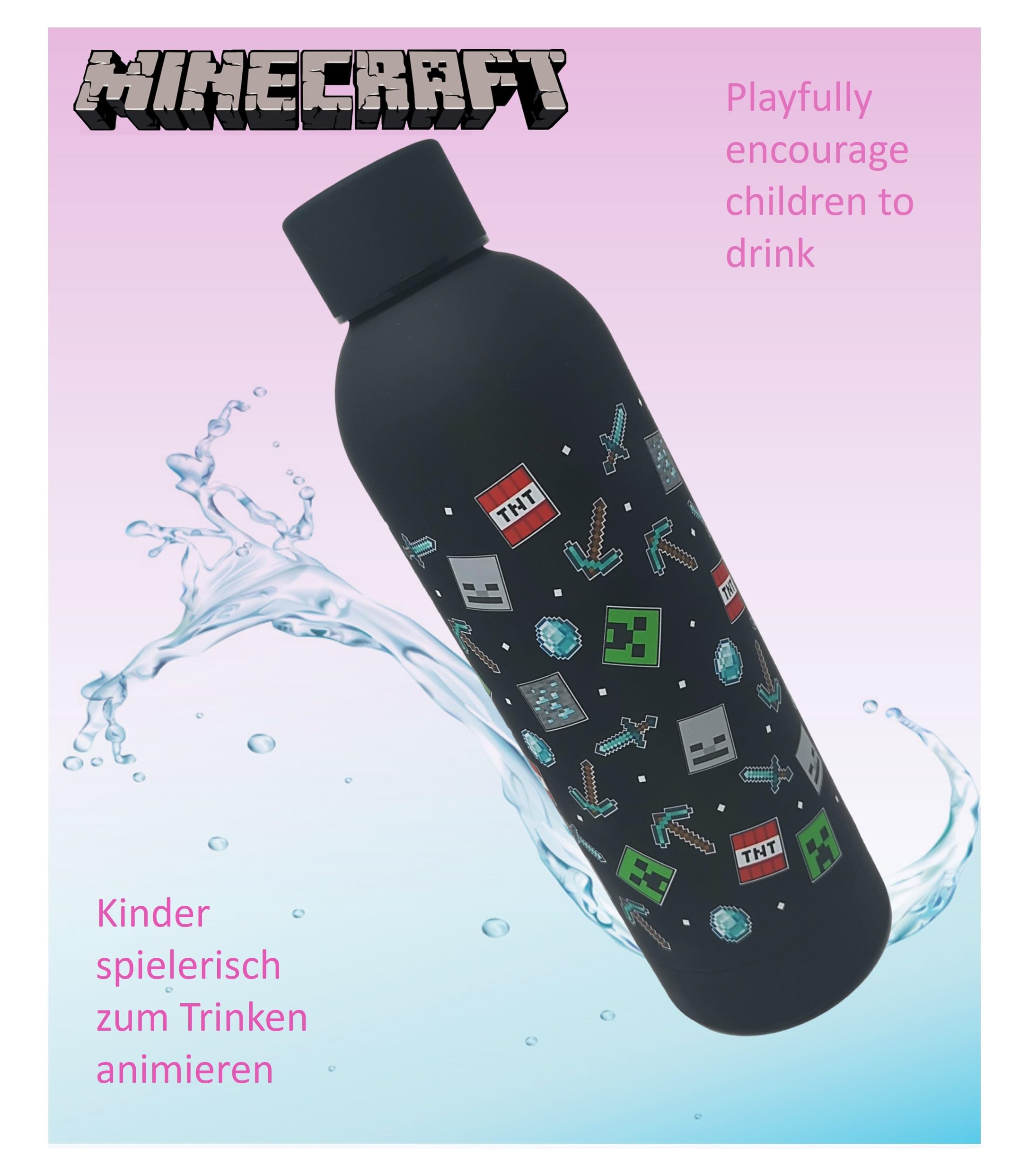 Theonoi Brotdose Set Minecraft Creeper Kinder Lunchbox Sandwichbox mit Unterteilung /Fächern und Trinkflasche Wasserflasche aus Stahl (Schwarz)