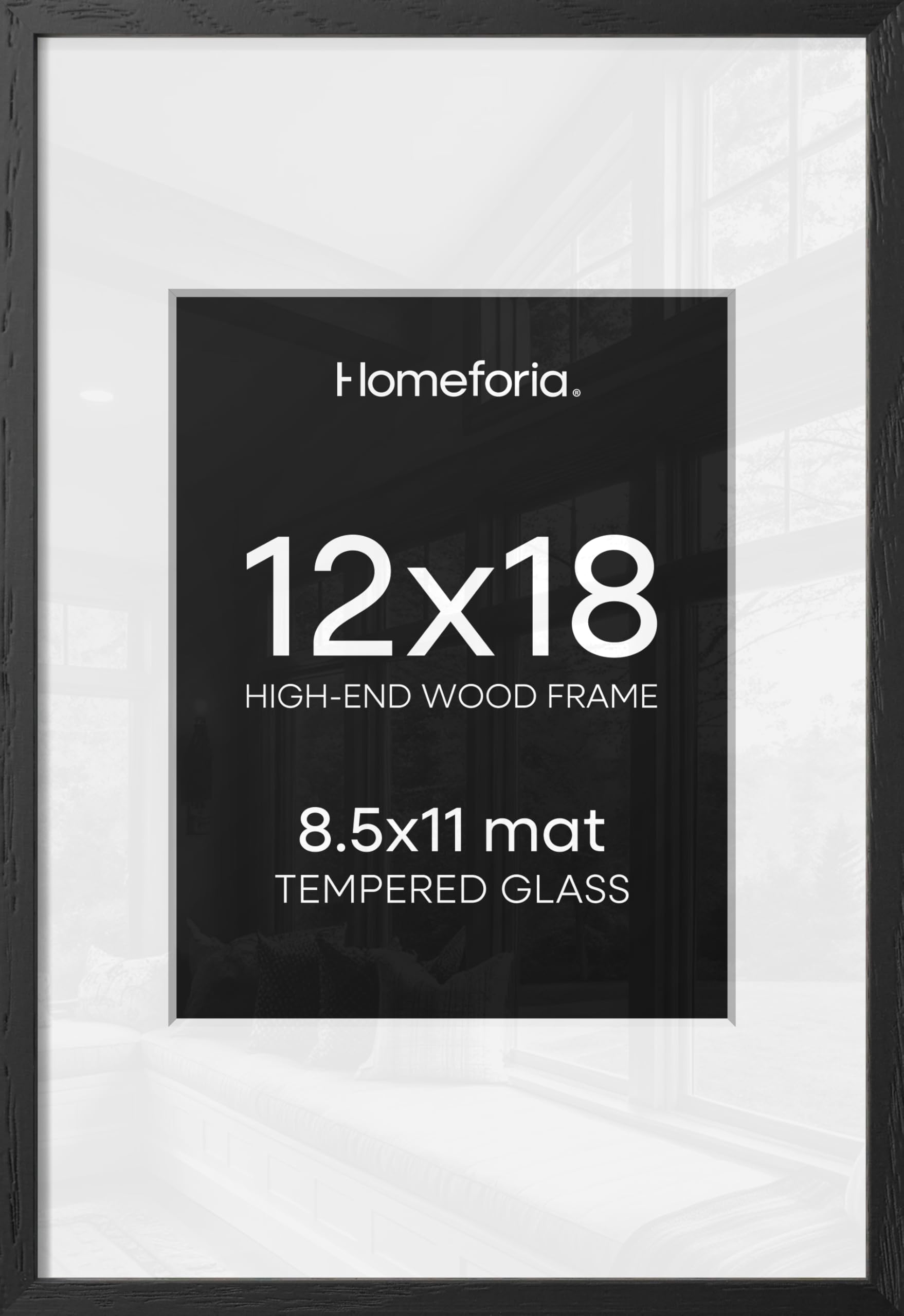 Homeforia 12x18 Black Oak Picture Frame, High-End Wood, 8.5x11 Mat, Glass | High End Solid Oak Wood, Tempered Glass, Acid-Free 8.5x11 Removable Mat, 12x18 Edge-to-Edge Display 18x12, Wall Kit, Set Of 2