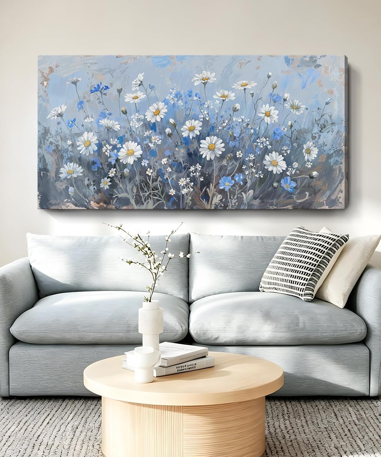 Large Abstract Canvas Wall Art For Living Room, Blue White Daisy Blue Background Art Print, Modern Natural Botanical Wall Decor For Bedrooms, Bathrooms, Dining Rooms, Offices. 48X24 Inches.