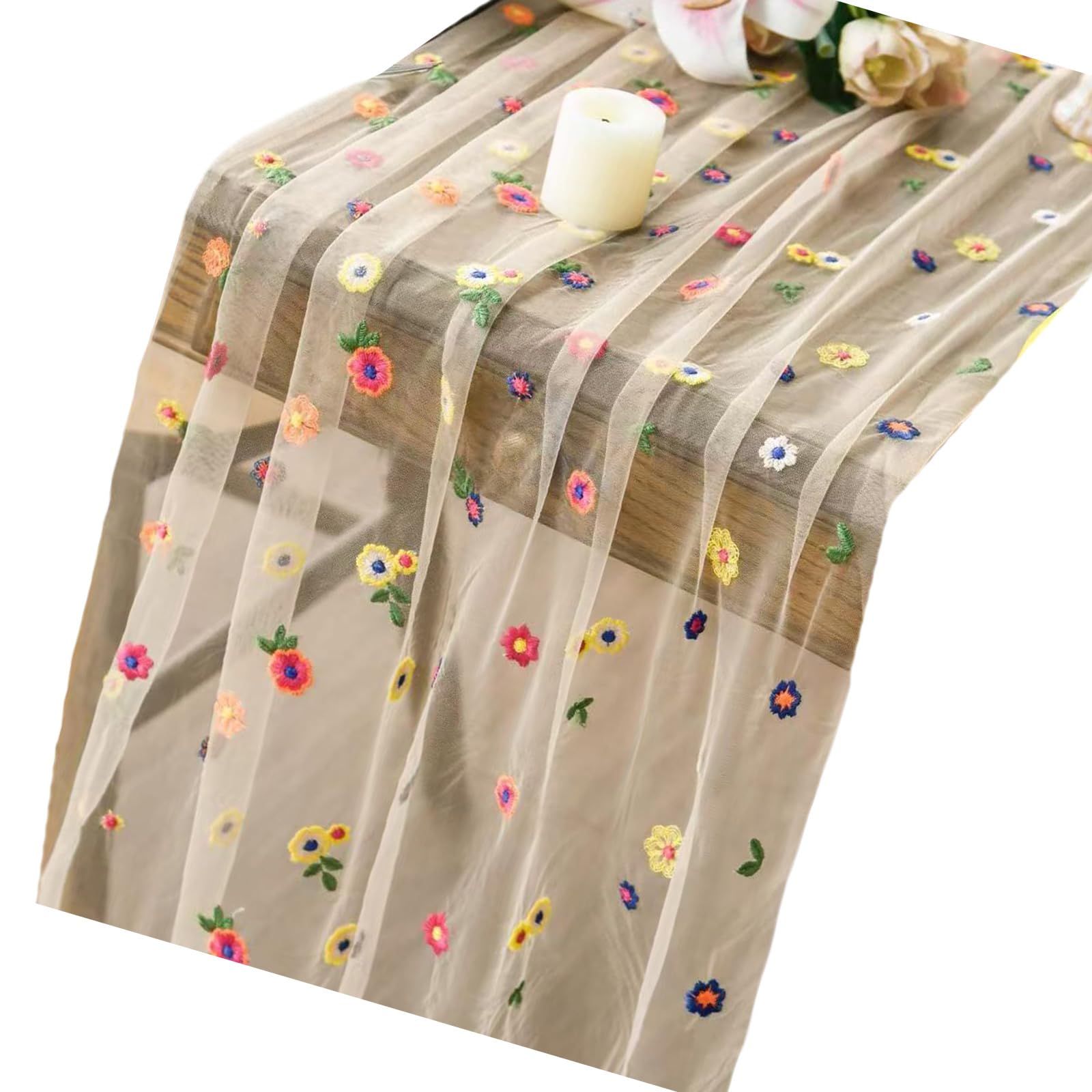 Tsophreniq Embroidered Table Runner Colorful Lace Designs Sturdy Polyester Materials Dining Table Cover Colorful Lace Runner