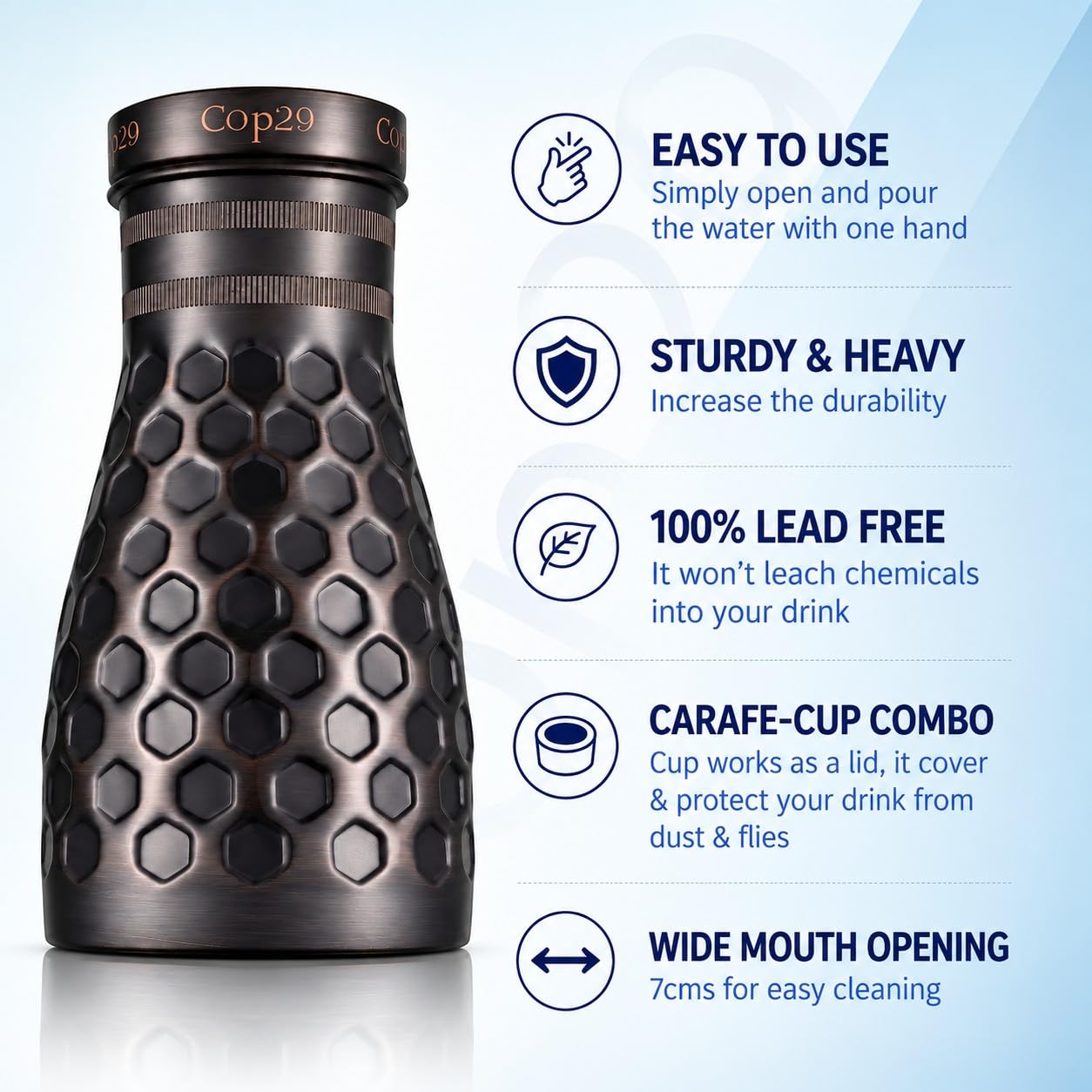 Cop29 Dolny - Botella de agua hecha a mano con diseño de panal antiguo de cobre para dormitorio, jarra con tapa, jarra de agua para mesita de noche (uso en interiores con tapa suelta) – 1000 ml/34oz