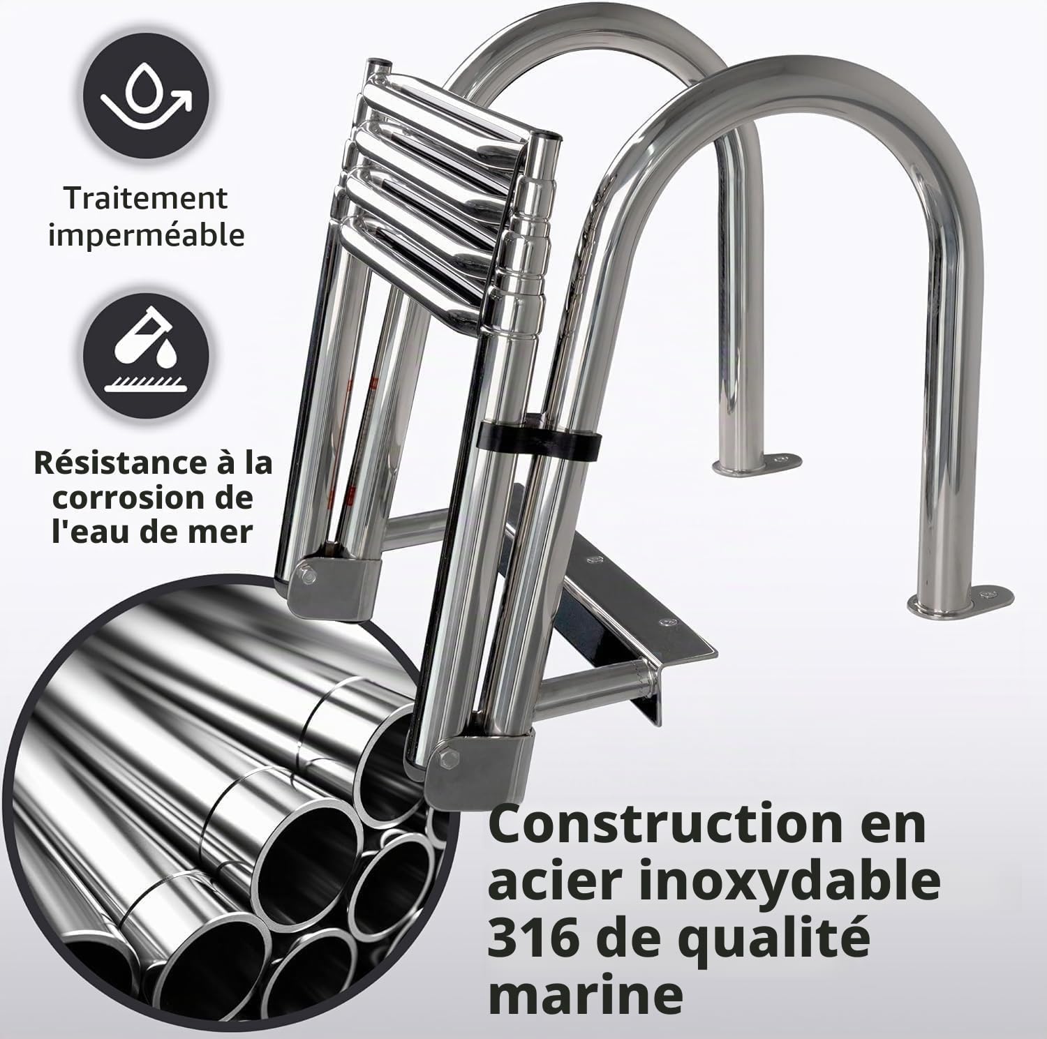 Dudolala Ladeur De Baignoire en Acier Inoxydable Chef Bateau, Échelles Télescopes À 4 Marches Bateau Pooller pour Piscine, D'entrée Arrière Marine Natation Ponton/Échelles Nageant avec Main Courante