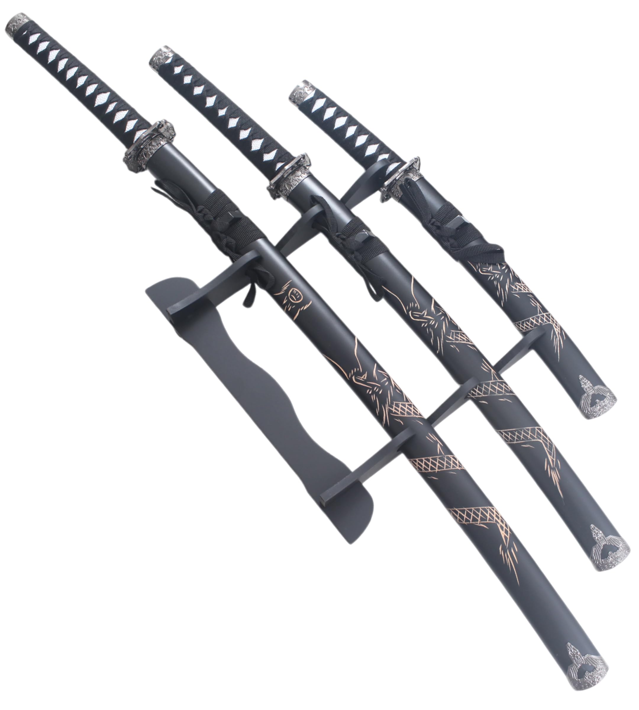Set 3 Katanas en Bois Lame en Bois Katana Wakizashi Tanto Epee Sabre Katana Japonais Katana Dragon Black Edition Cosplay + Presentoir