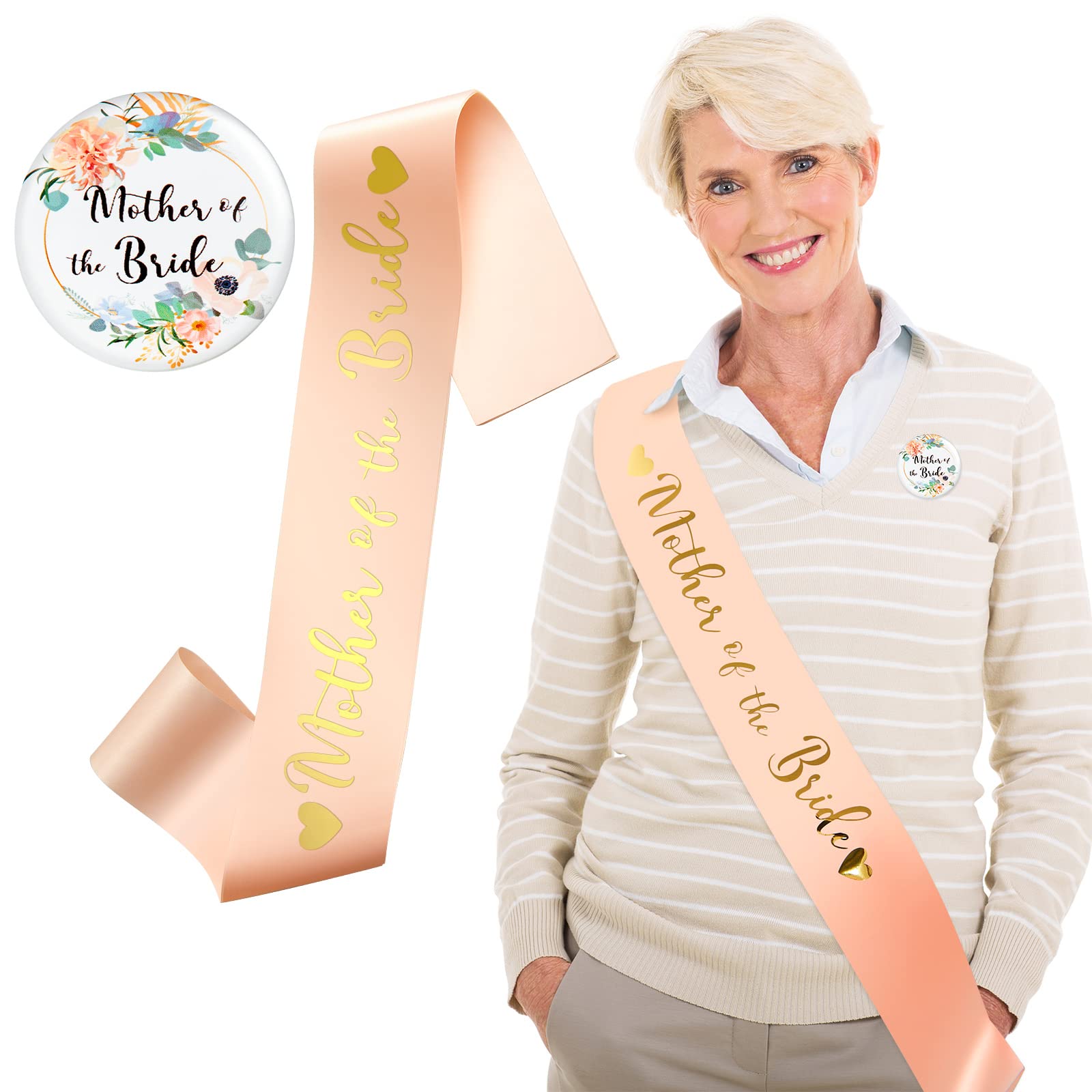 2 Pieces Bride Party Sash Badge Set Including Bride Bridesmaid Maid of Honour Mother of The Bride Satin Sash Bridal Buttons Wedding Party Button Pins for Wedding Party Supplies(Mother of The Bride)