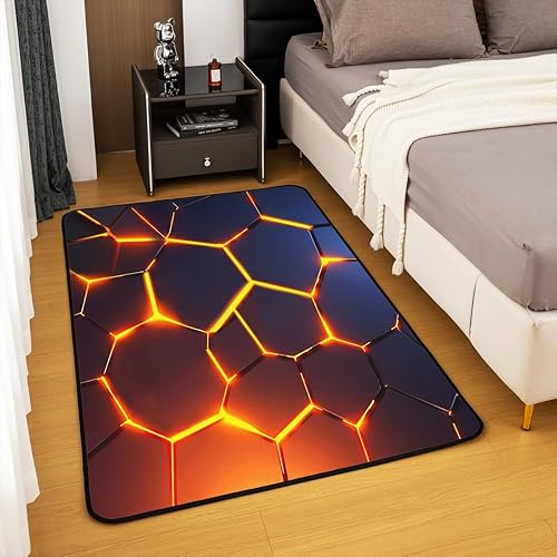 Miniatura 4 de Alfombra hexagonal de panal para sala de estar, 5 x 7 pies, color naranja, rojo y negro, para interiores, alfombra antideslizante de colmena