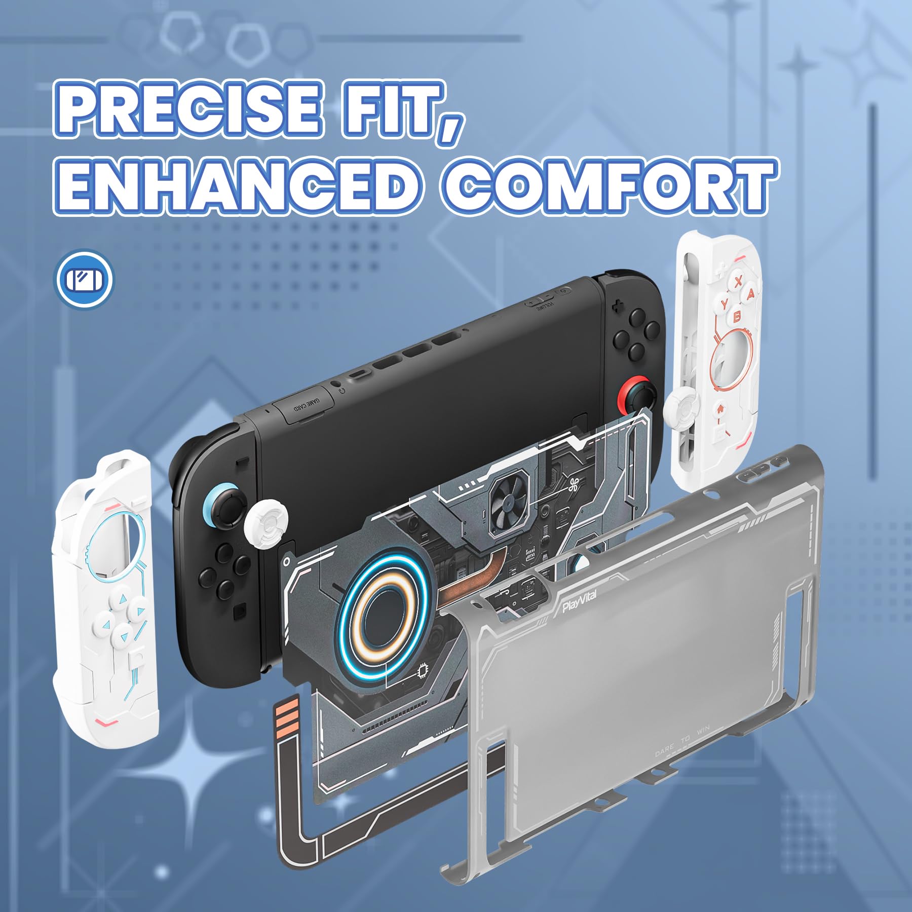 PlayVital Protective Case for Nintendo Switch 2, Stellar Mecha Ergonomic Anti-Slip Silicone Grip Cover, Dockable Hard Case Shell for Switch 2 with Joystick Cap & Sticker - White - 5