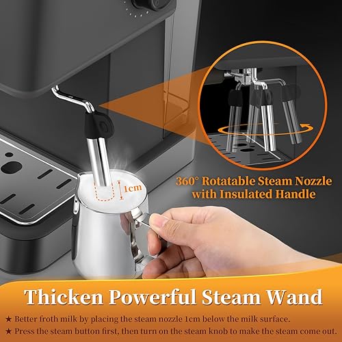 Miniatura 4 de Máquina de café expreso, 20 bar con espumador de leche y vaporizador, máquina de café retro para el hogar, máquina de café con leche y capuchino,