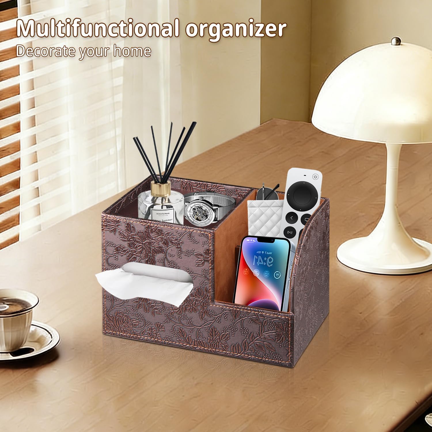Leather Square Tissue Box Cover with Storage Tray,Cube Tissue Box Holder,Modern Facial Paper Organizer with Remote Control Holder for Bathroom,Vanity Countertop,End Table NightStand Home Office