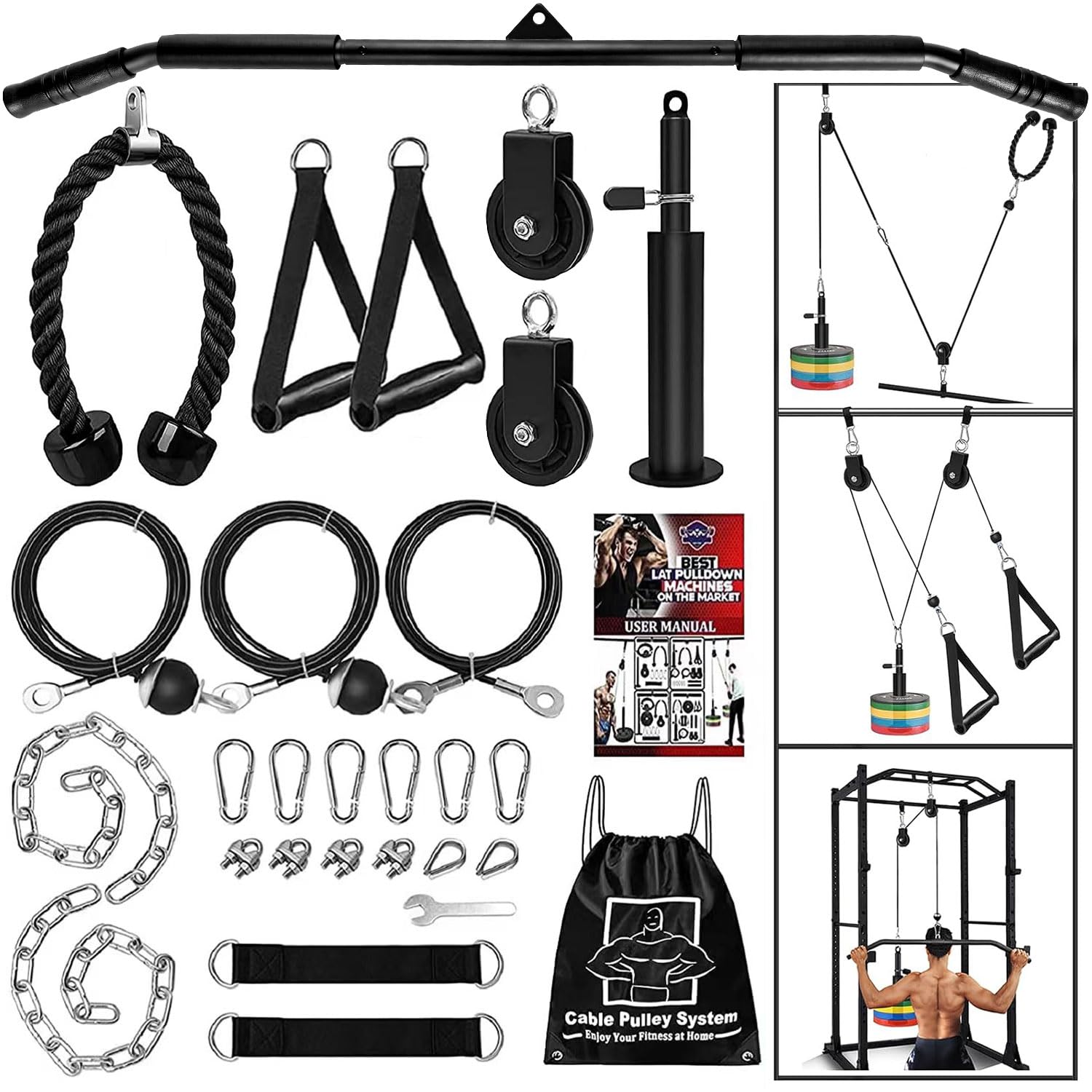 Sistema de polea de cable, accesorios de gimnasio en casa con barra de tracción LAT, cuerda de tríceps, equipo de ejercicio, levantamiento de pesas, extensiones de antebrazo y fitness