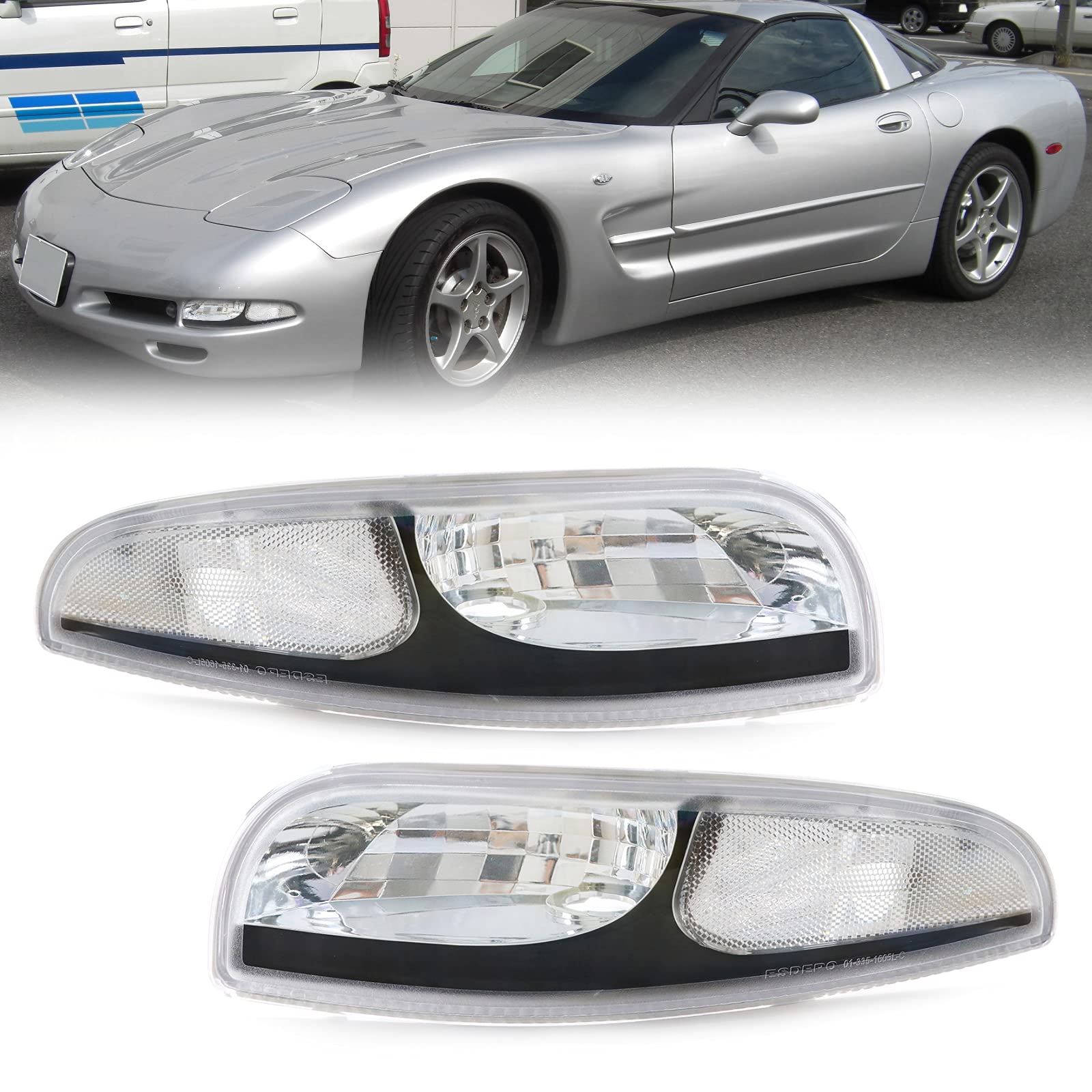 USR DEPO Vette C5 Turn Signal Lights - Front Bumper Signals Lamps Set (Left + Right) Compatible with 1997-2004 Chevy Corvette C5 All Models including Z06 (Black Housing Clear Lens)