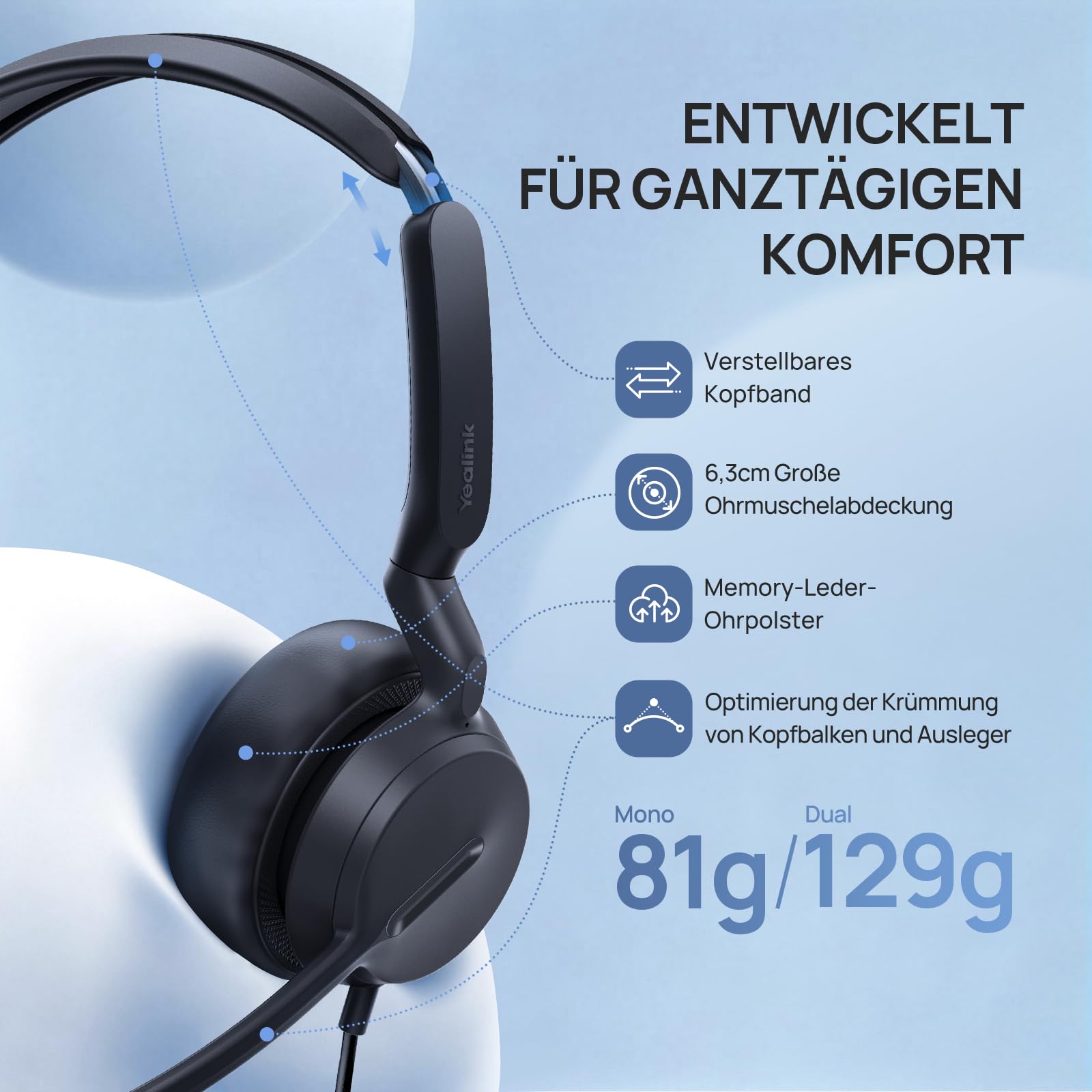 Yealink YHS36 E2 Casque téléphonique Filaire avec Microphone et connecteurs RJ9 et QD Compatible avec Les téléphones Poly, Avaya, Snom et Grandstream Convient aux téléphones de Bureau