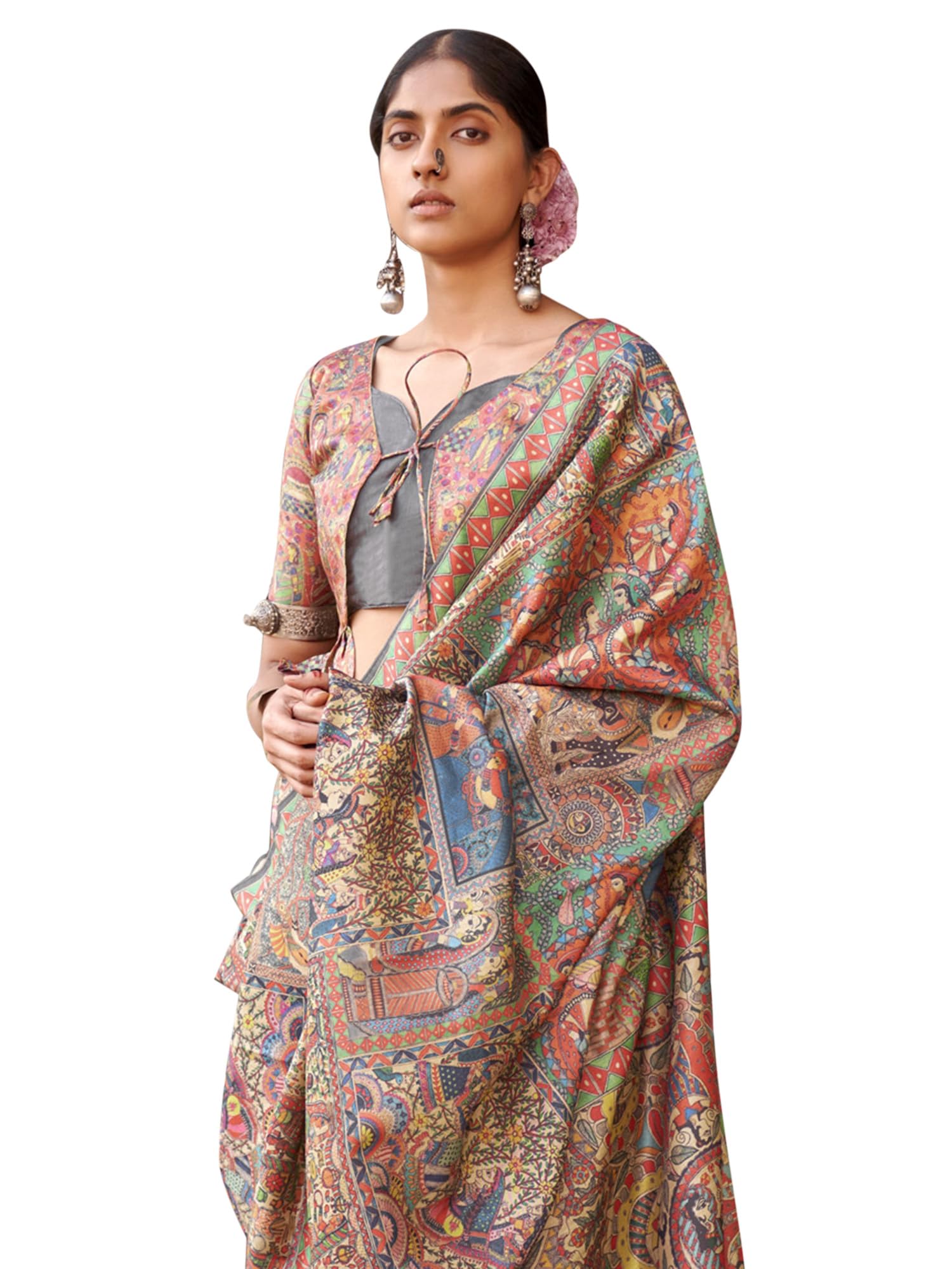SAREE MALL Women's Banarasi Silk Madhubani Printed Saree With Unstitched Blouse Piece(Beige_PUSHPMNDI103_RS)