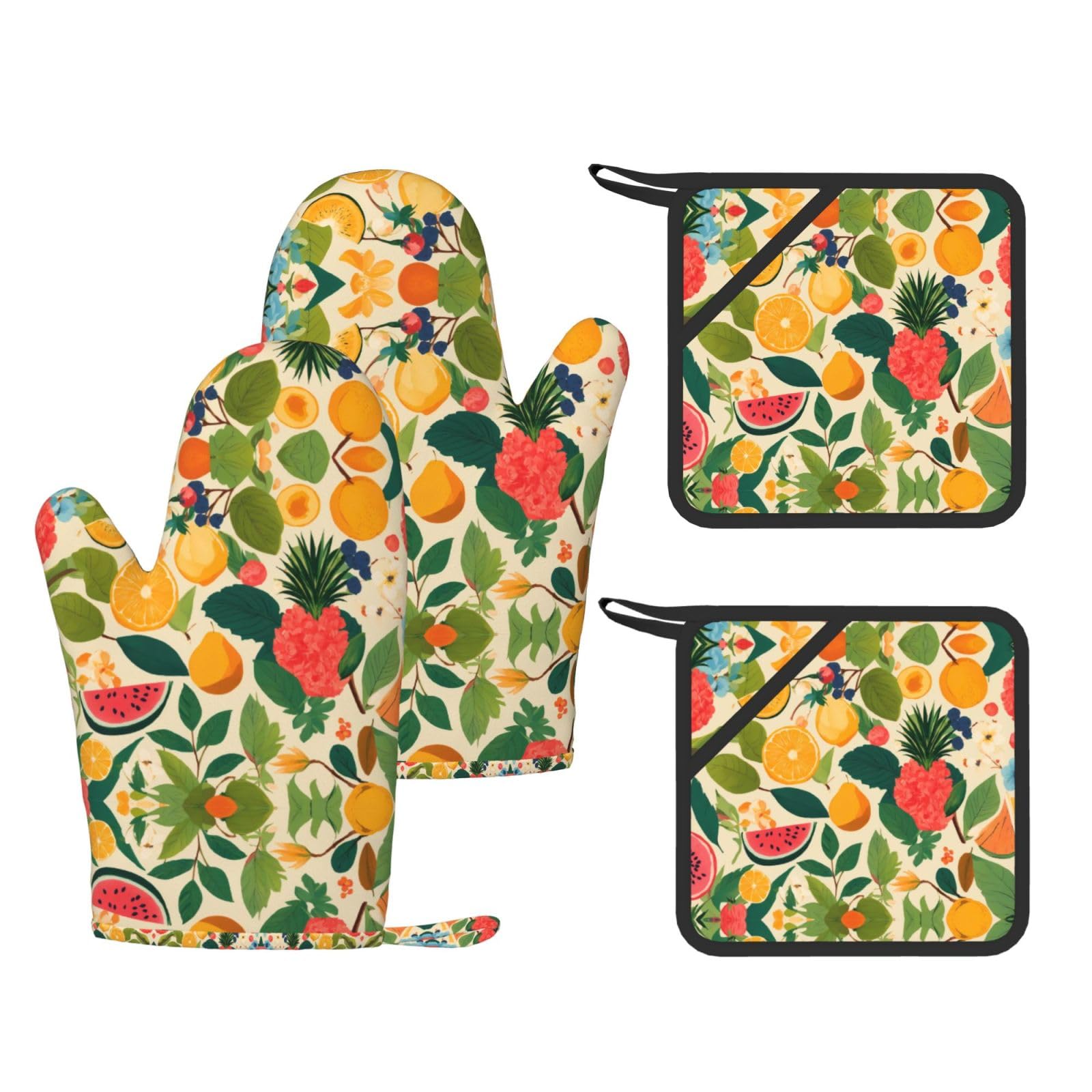 hojas tropicales y flores Printed Cooking Mitts and Pot Holders 4 Pcs, Heat Resistant Oven Gloves with Hanging Loop Chef