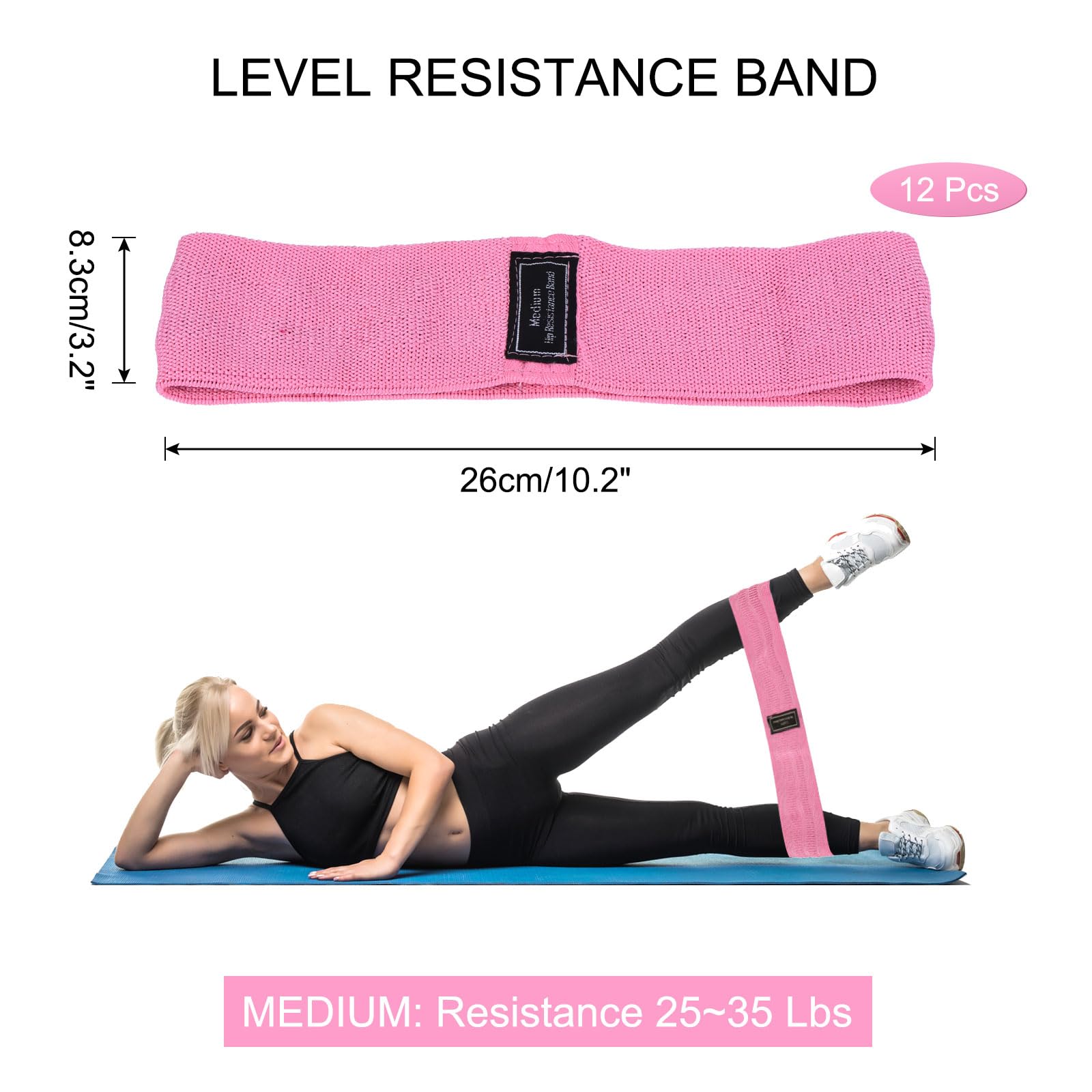 PATIKIL 12 fasce di resistenza antiscivolo per allenamento, in tessuto, elastiche, per esercizi di fitness, per donne e uomini, per gambe e fianchi, palestra, rosa (M)