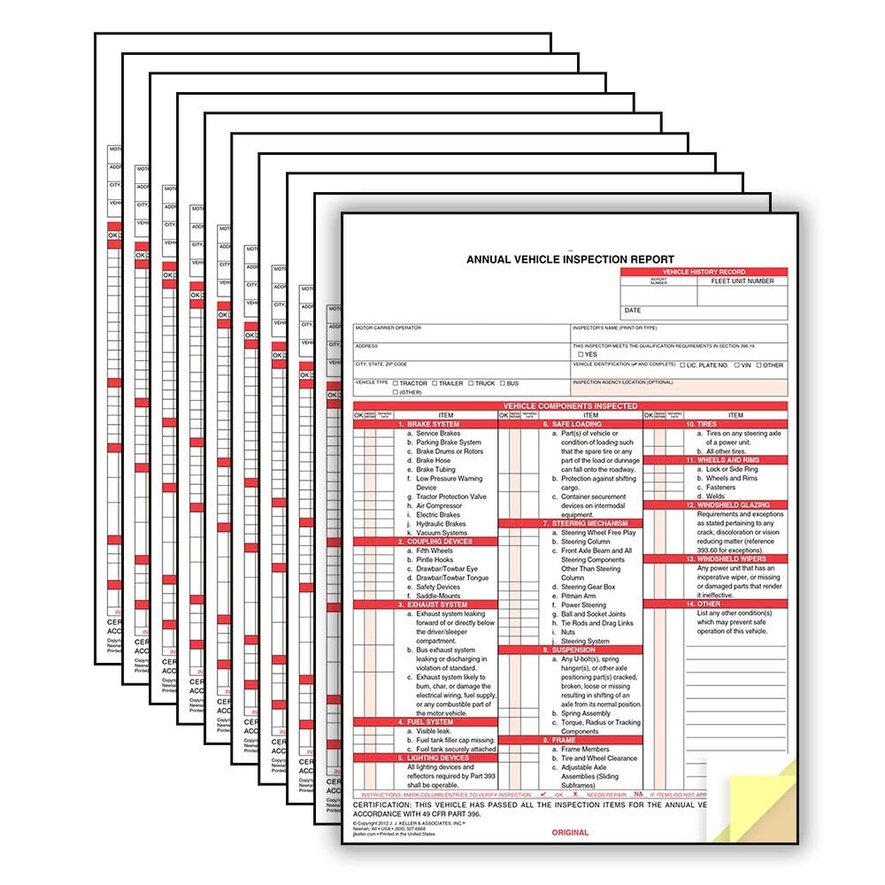 J. J. Keller 10-Pack, Annual Vehicle Inspection Report Forms, 3-Ply Carbonless Form, DOT Compliant