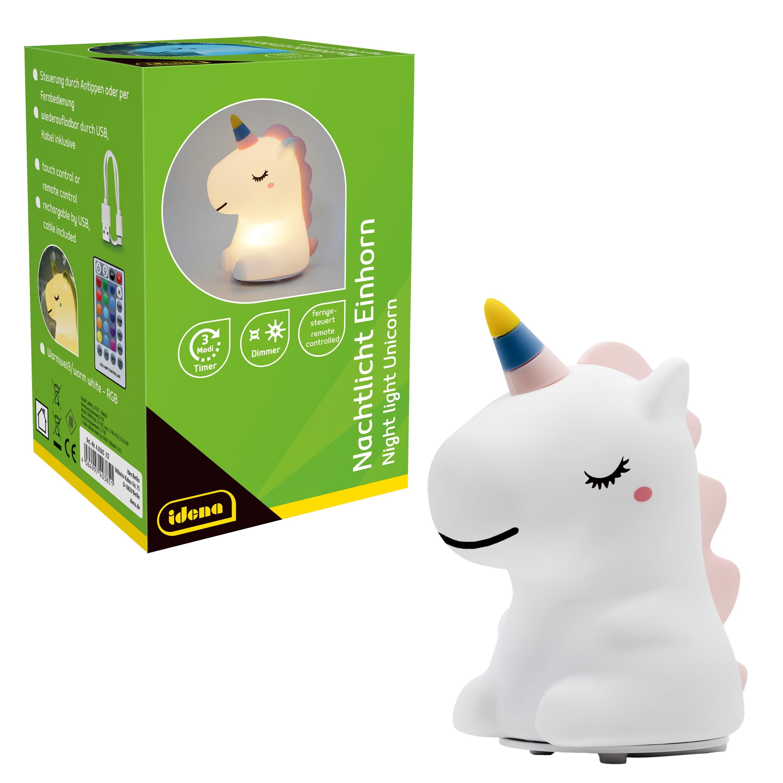 Idena 40385 - LED Night Light Unicorn Silicone Lamp with Remote Control, Colour Changing and Dimmer, Approx. 14 cm, Rechargeable, USB Charging Cable Included