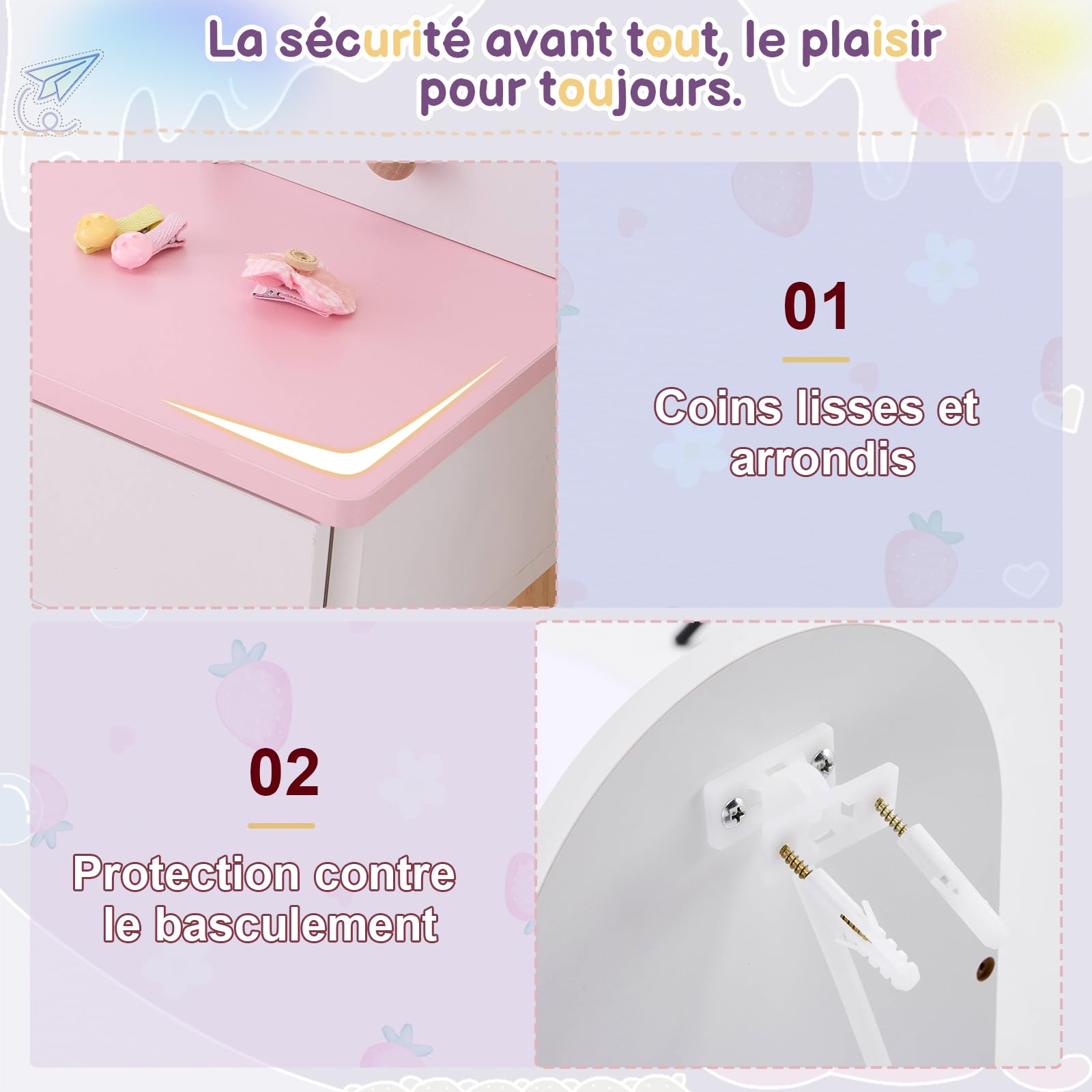 LALAHO Coiffeuse pour Enfants，Coiffeuse Fille avec Tabouret，4 Tiroirs en Bois, Crochets à Bijoux，pour Les 4-9 Ans (Blanc & Rose)