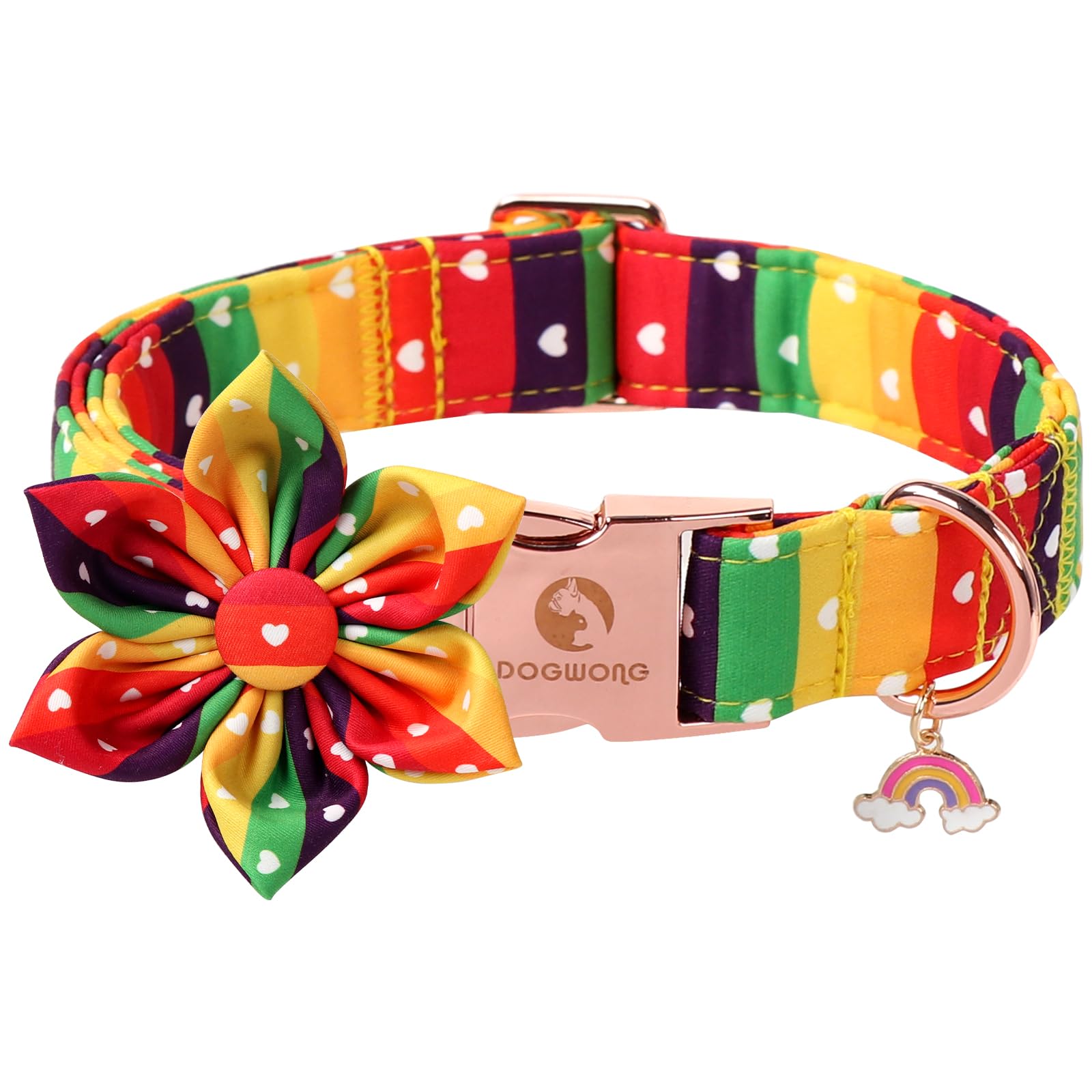 DOGWONG Rainbow Dog Collar with Flower for LGBT Pride Month - Adjustable and Comfortable LGBT Pride Dog Collar for Large Medium Small Pet