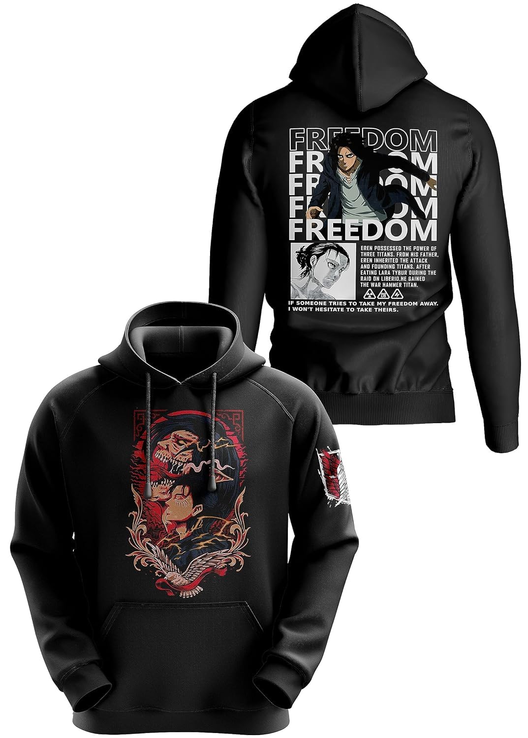 dudeme Eren Yeager X Freedom Unisex Anime Hoodie for Men & Women 100% Cotton Naruto, Jujutsu Kaisen, Goku, Gojo, Bleach Anime Printed Hoodies-picture-54