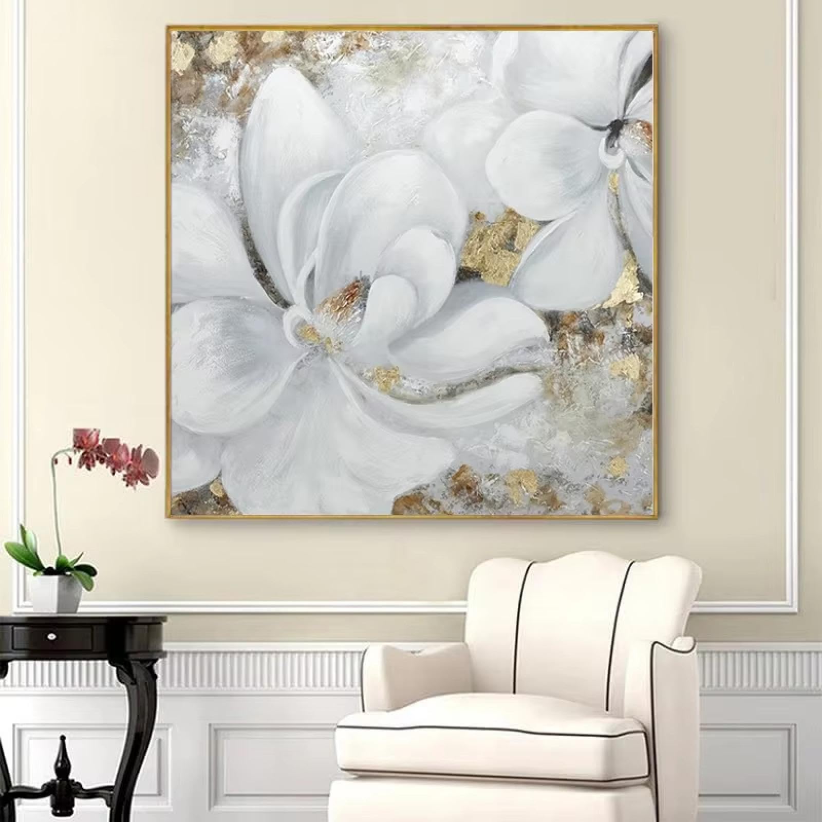 Tableau abstrait haut de gamme 90x90cm avec cadre fleurs blanches - 6