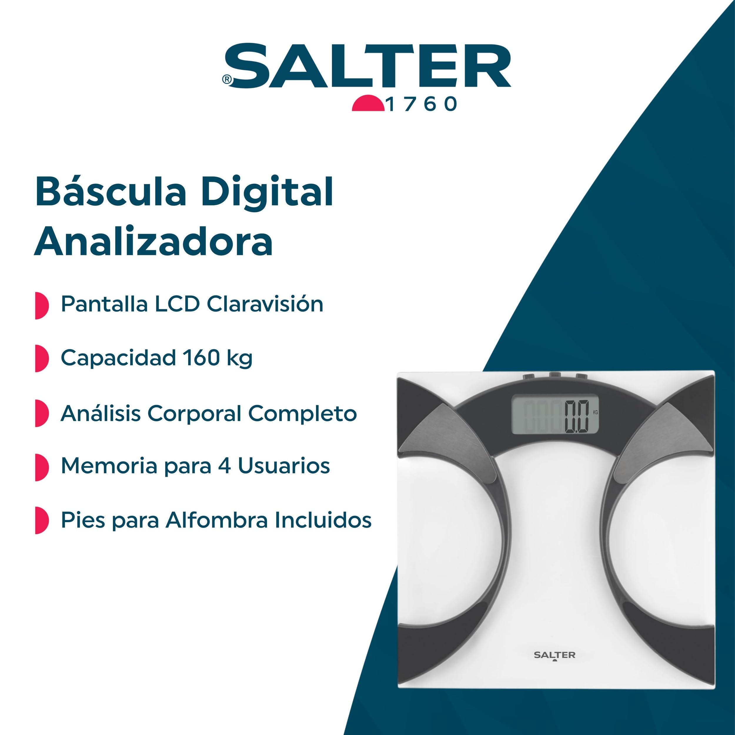 Salter 9141BKCFEU16 Analyser Bathroom Scales - Digital Weighing Scale For Body Weight, Body Fat/Water, BMI, Ultra Slim Glass Platform, 4 User Memory, Carpet Feet, Batteries Included, 160 kg Capacity