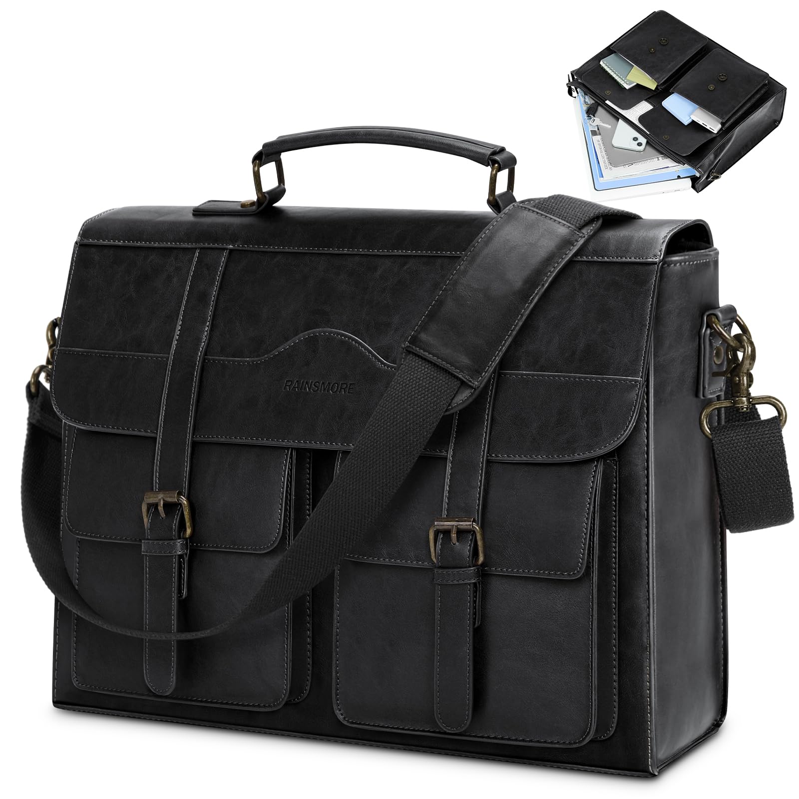 RAINSMORE Mens Messenger Bag 17 Inch Leather Laptop Briefcase Satchel Computer Shoulder Bag for Business Travel Work College