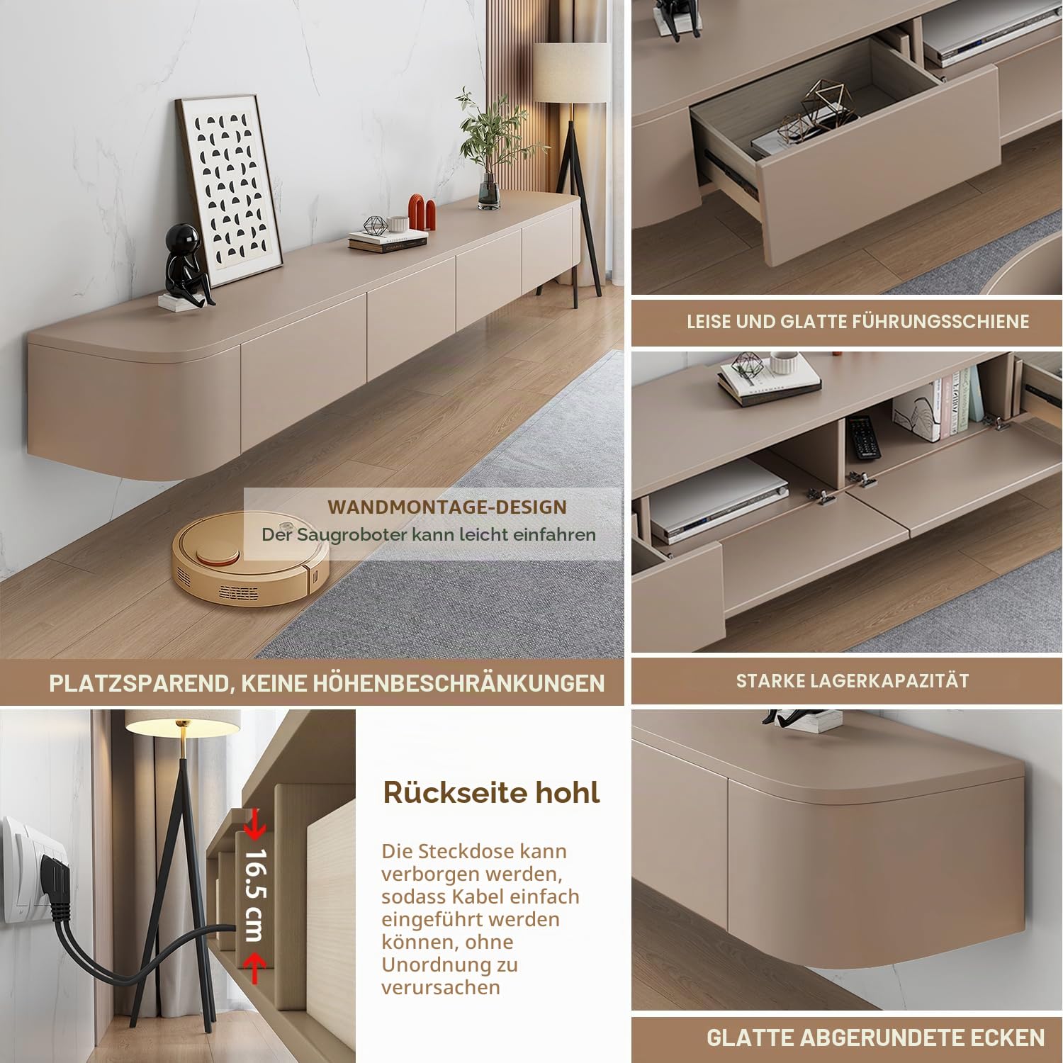 Modernes Schwebendes TV-Regal | Wandmontierte Unterhaltungsmedien-Konsole | Großes Aufbewahrungs-TV-Bank für Wohnzimmer & Büro (Khaki, 180cm)