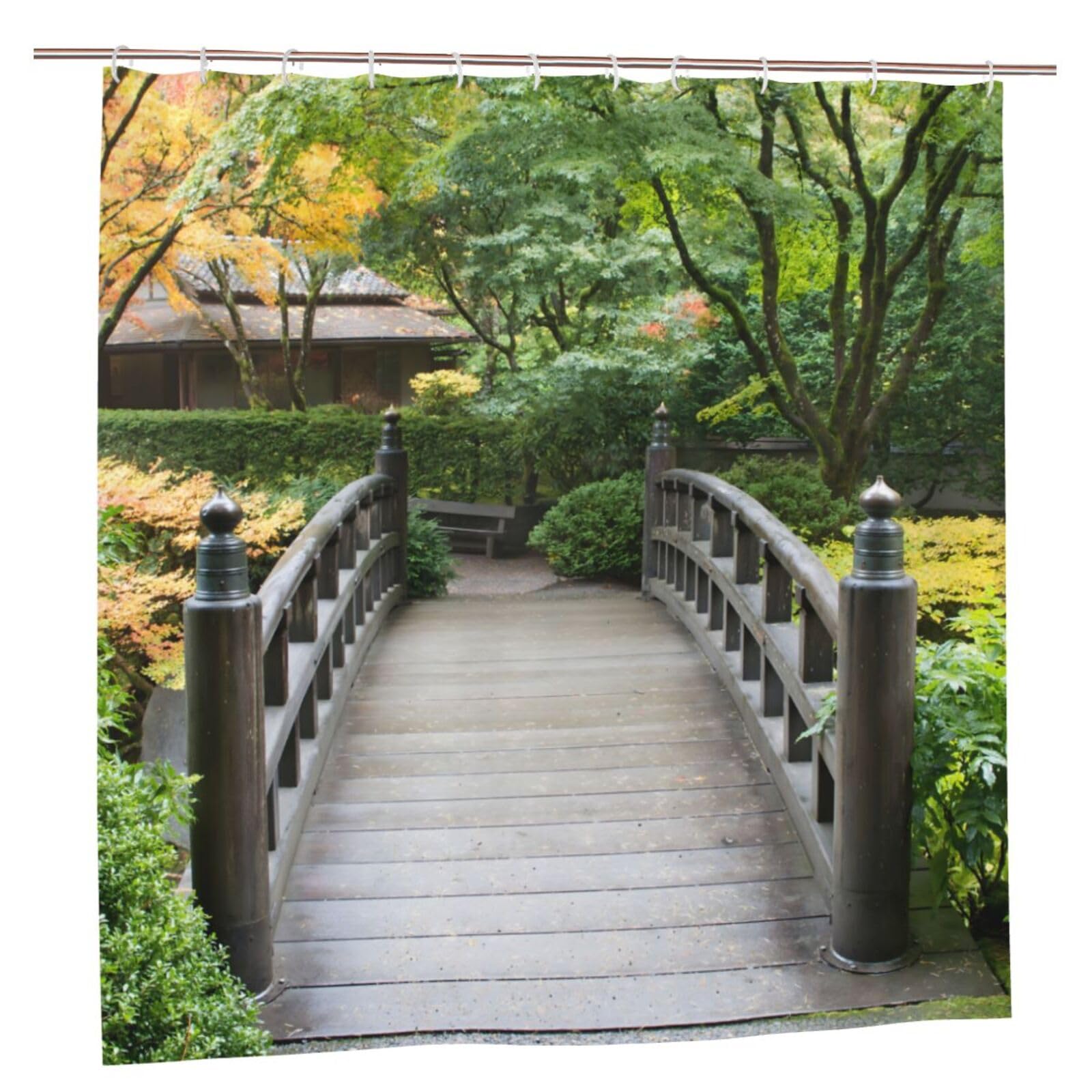 Newhomestyle Wooden Bridge Outdoor Garden Shower Curtain, Quick-Drying Waterproof Outdoor Garden Decoration