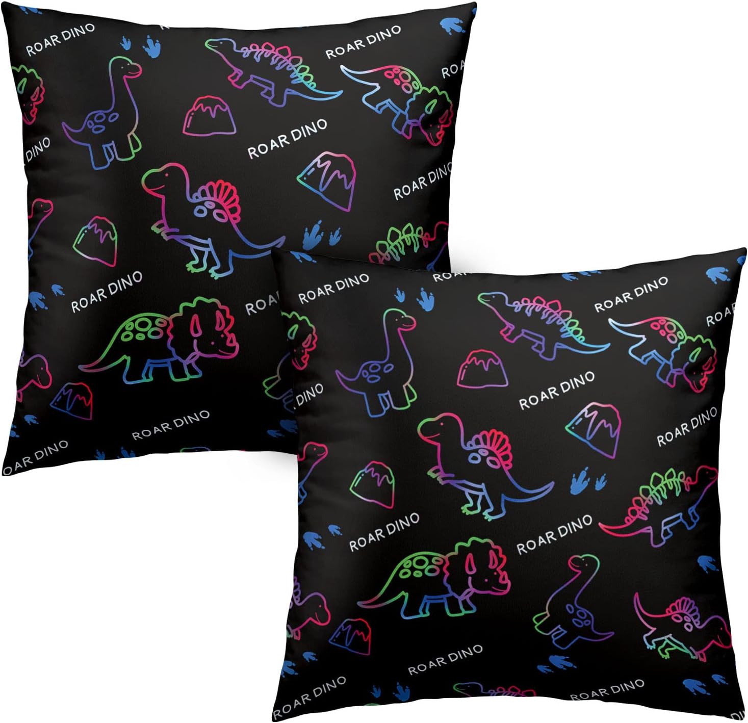 Kwlegh Lovely Colorful Cartoon Throw Pillow Covers 18x18 Road Dino Pillow Covers Set of 2 Cotton Blend Black Decorative Pillow Cases Room Decor for Boys Girls Kids